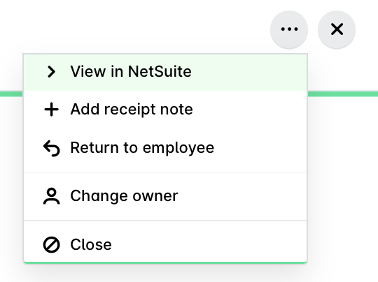 Dropdown menu displaying options like 'View in NetSuite' and 'Add receipt note'.