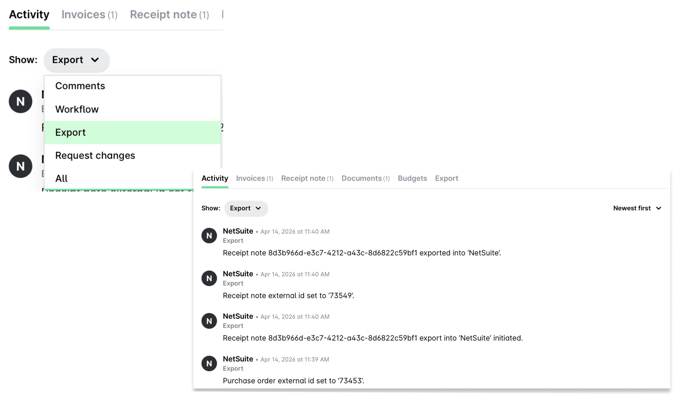 Activity log showing export options and recent receipt note actions in NetSuite.