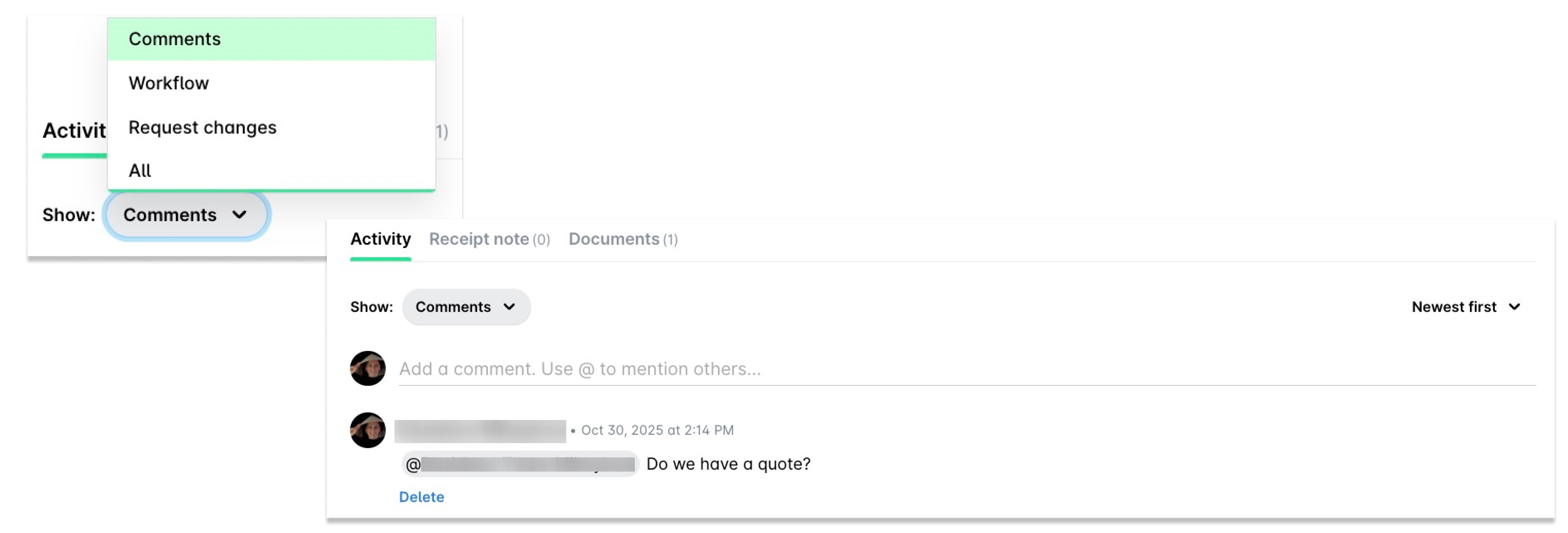 Request Activity section with the Show filter open, listing Comments, Workflow, Request changes and All, and the Comments view showing one comment.