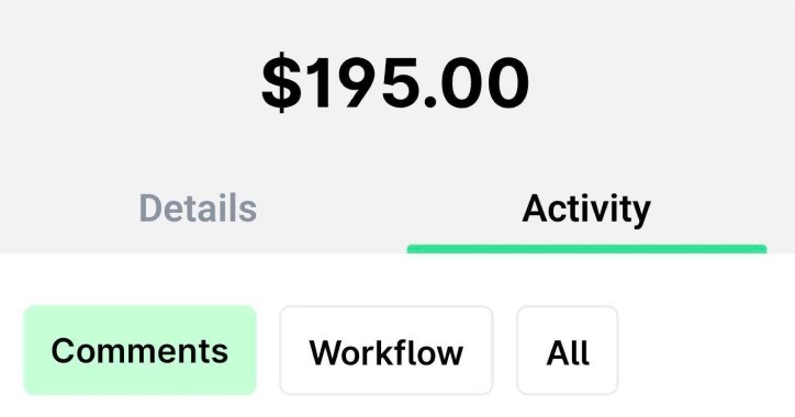 Mobile app request Activity tab with the Comments, Workflow and All filter buttons.
