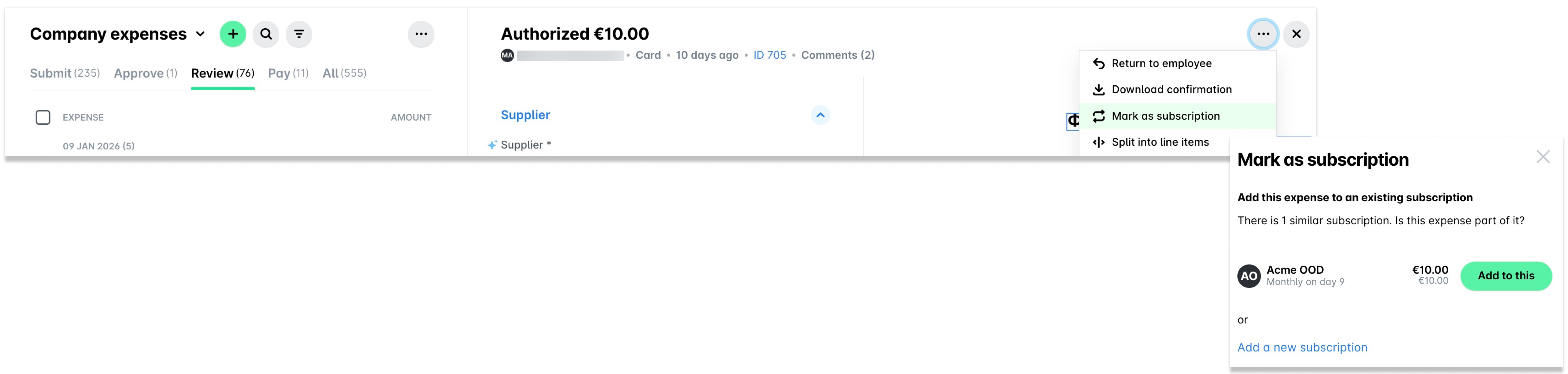 Expense management interface showing authorized payment and subscription options for review.