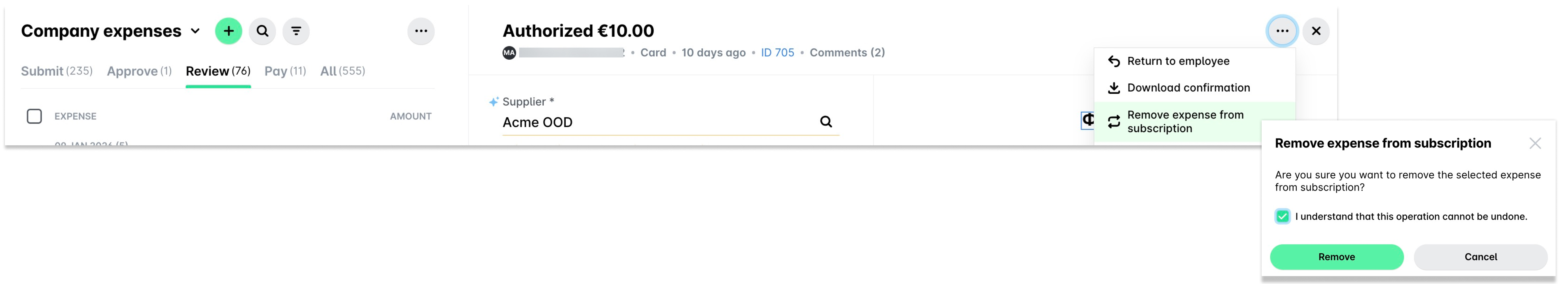 Expense management interface showing authorized payment and options to remove expenses.