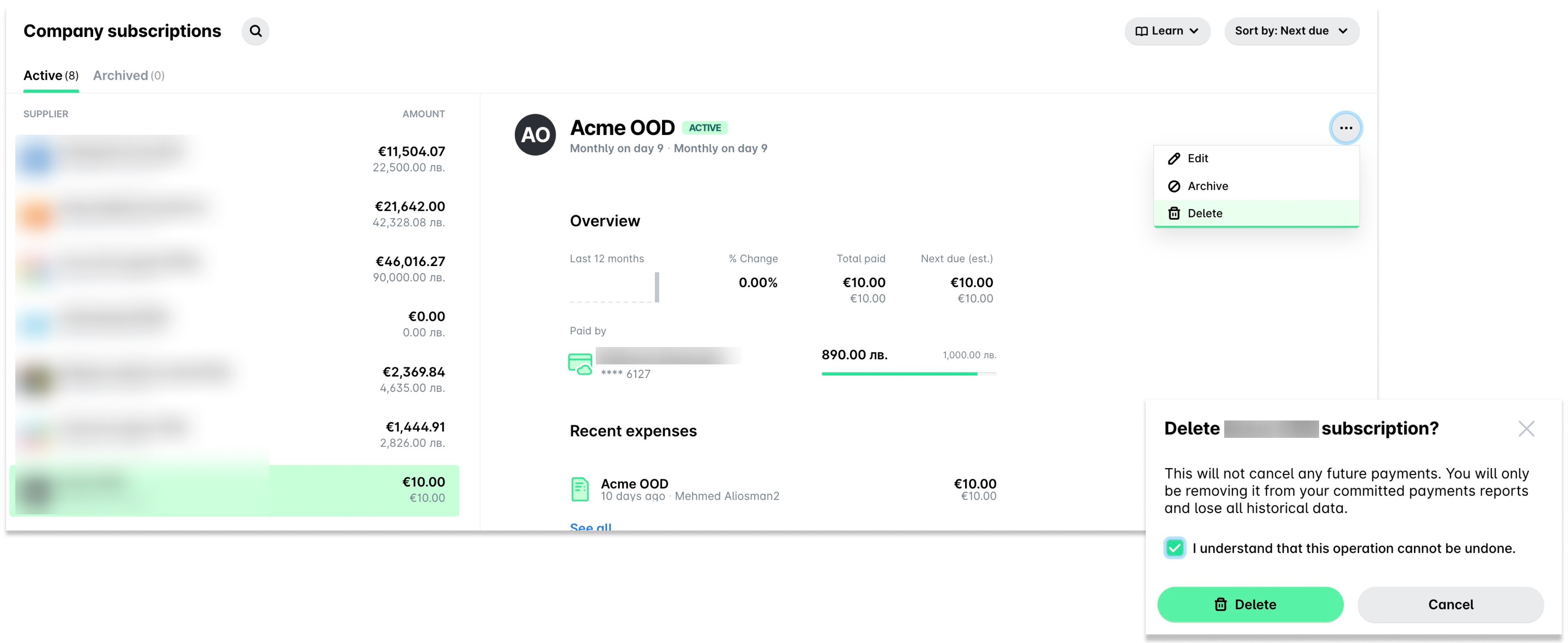 User interface showing company expenses with options to manage subscriptions and expenses.