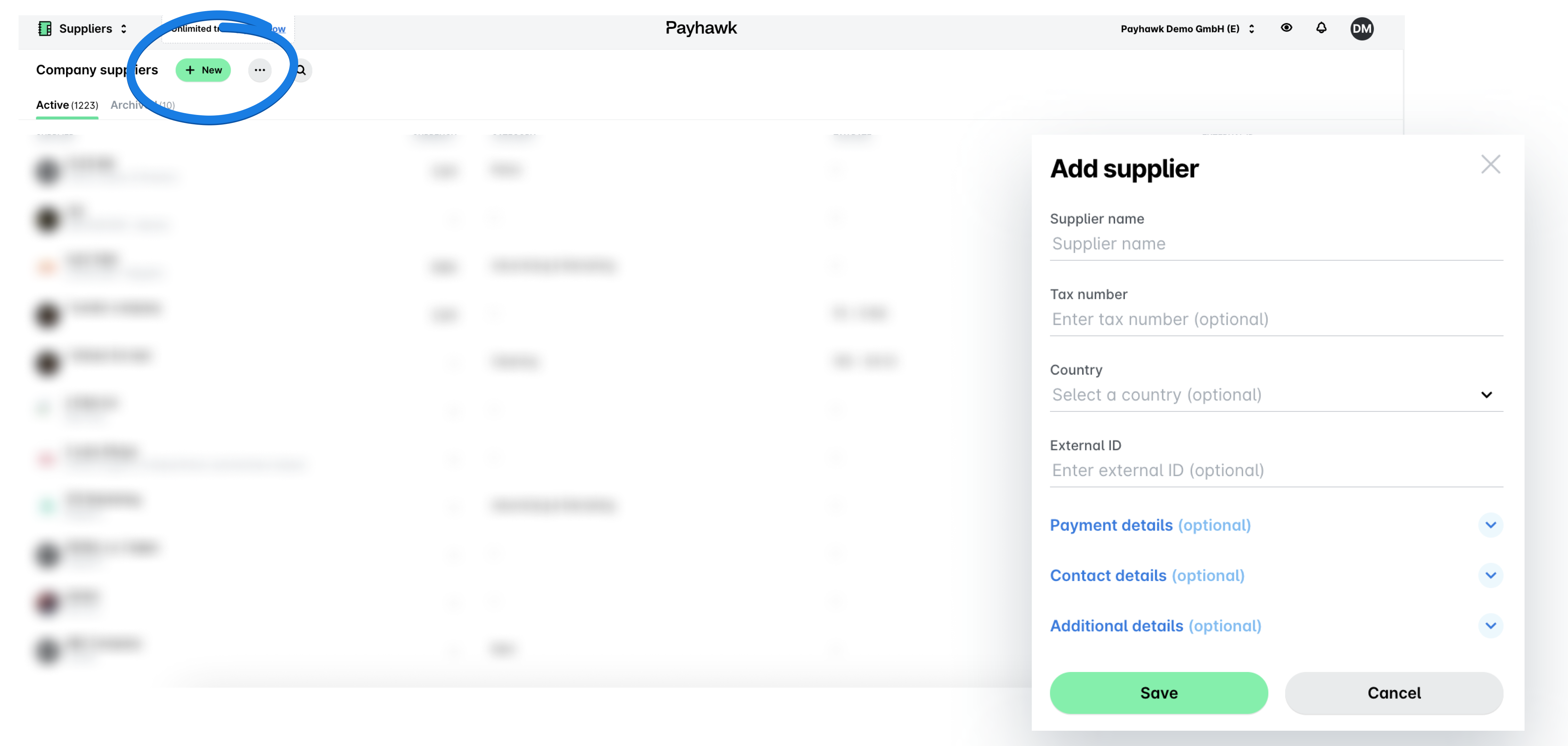 Interface pour ajouter un nouveau fournisseur avec des champs pour le nom, le numéro fiscal et le pays.