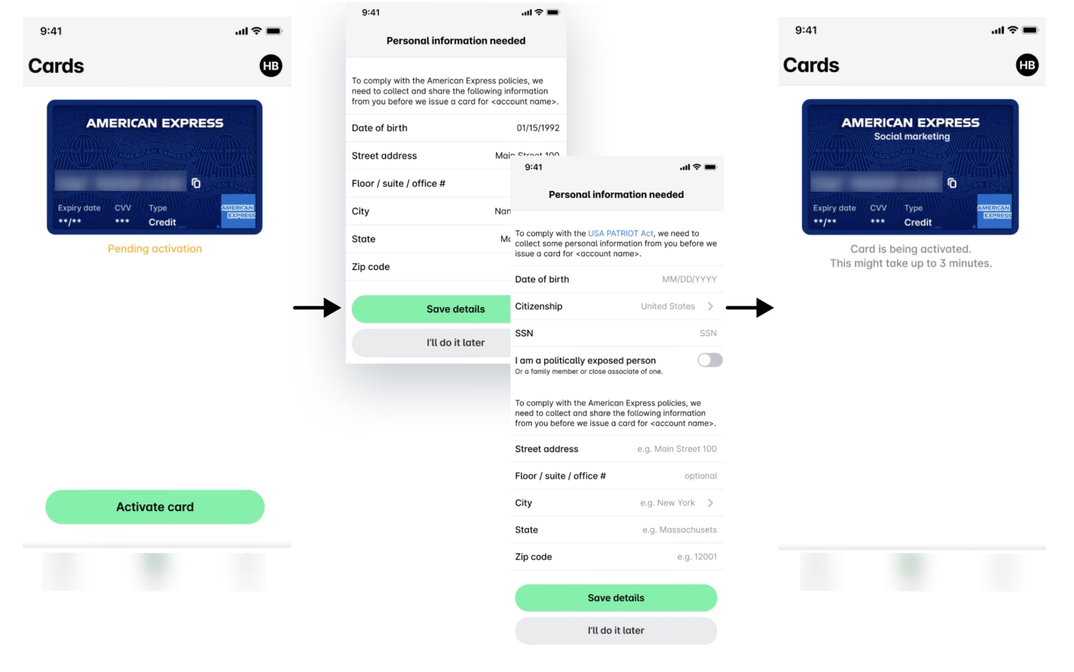 Steps to activate an American Express card, including personal information submission.