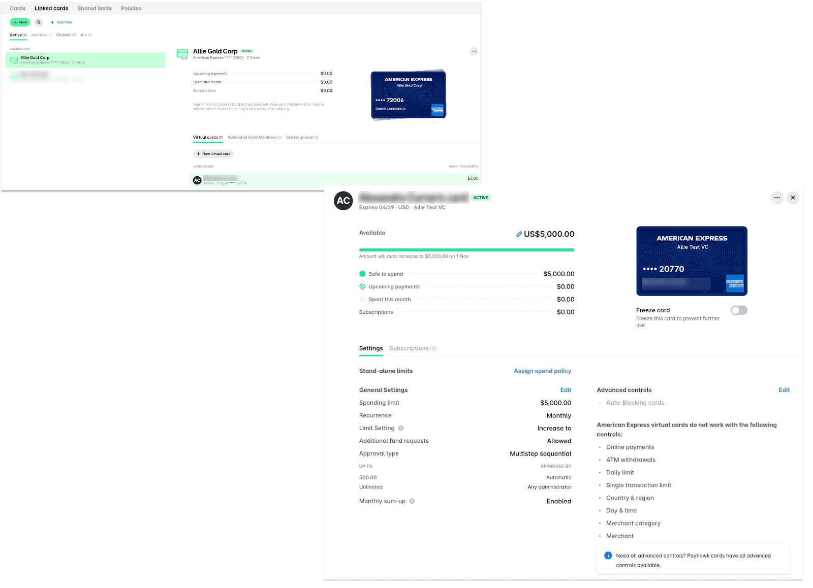 Overview of American Express virtual card settings and available balance details.
