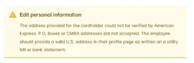 Avertissement concernant l’adresse non vérifiée pour les titulaires de carte American Express nécessitant une adresse valide aux États-Unis.