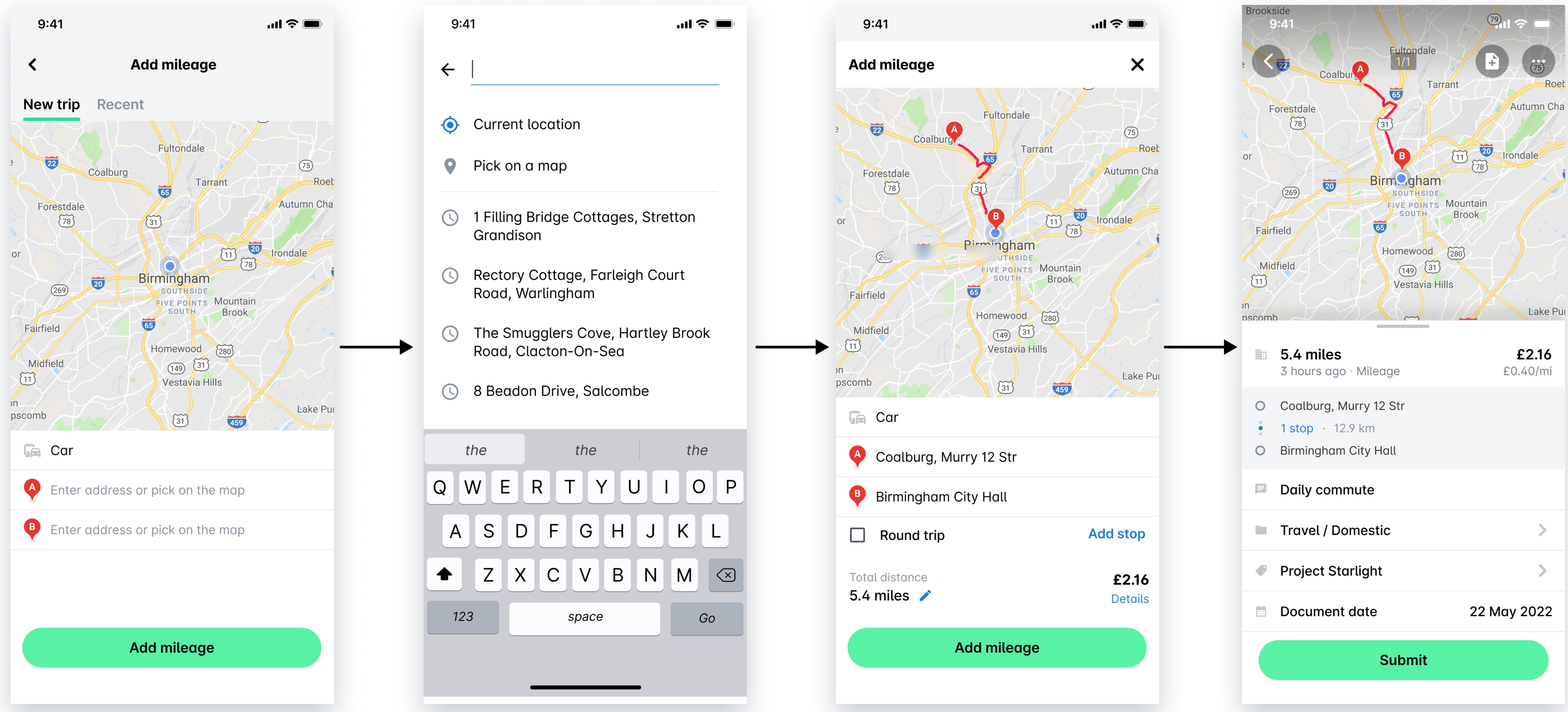 Captures d’écran montrant le processus de saisie du kilométrage avec la sélection du lieu et les détails du trajet.