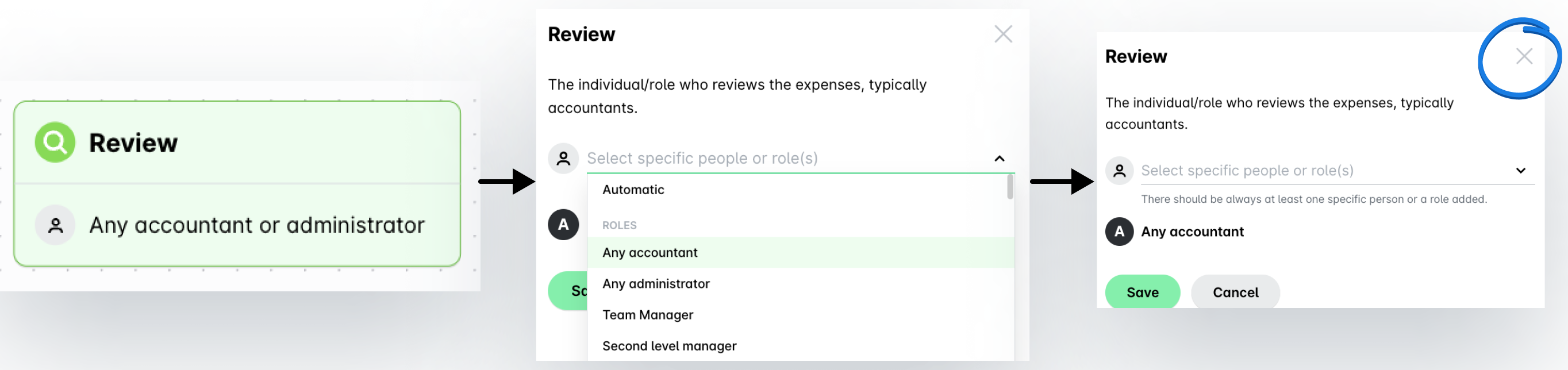 Beoordelingssectie voor het selecteren van rollen zoals accountant of beheerder in uitgavenbeheer