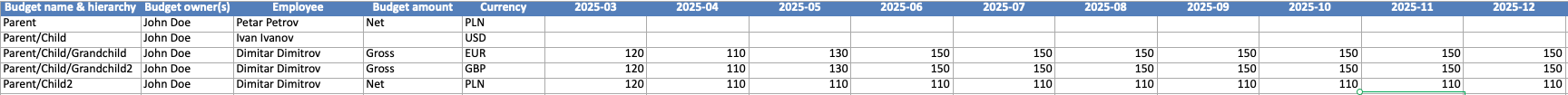 Aperçu du budget affichant les montants, les propriétaires et les employés pour diverses catégories et mois.