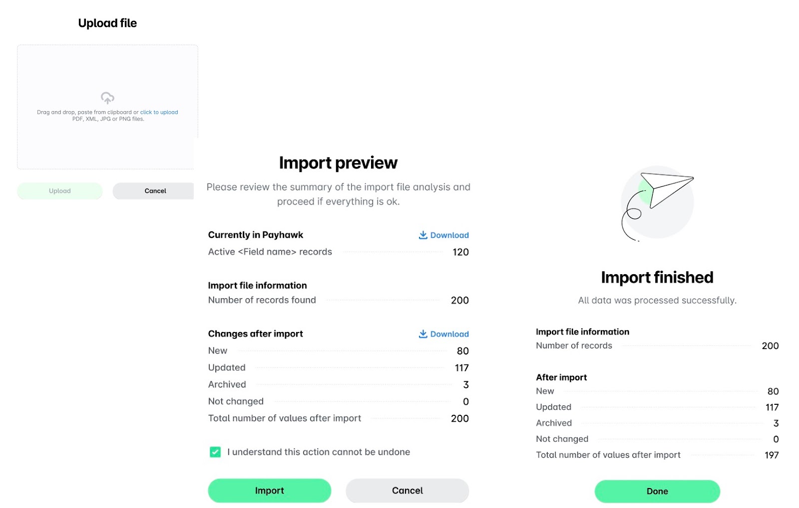 Import preview showing record details and successful data processing summary.