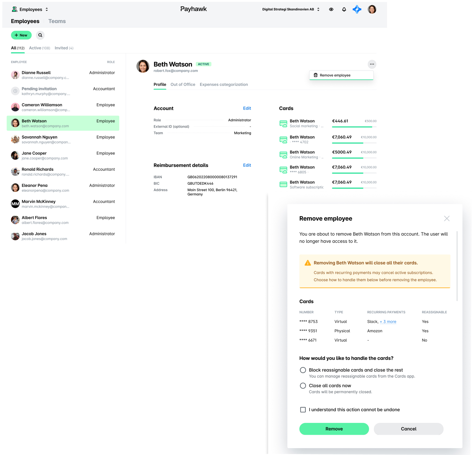 Employee management interface showing Beth Watson's details and removal confirmation prompt.