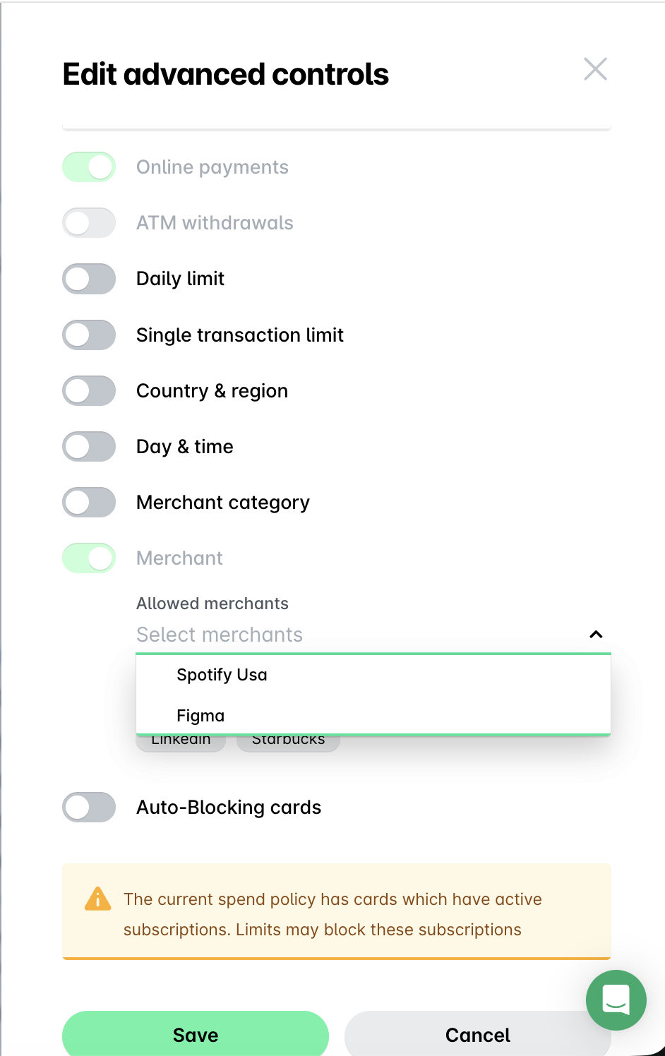 Settings for advanced controls including online payments and merchant selection options.
