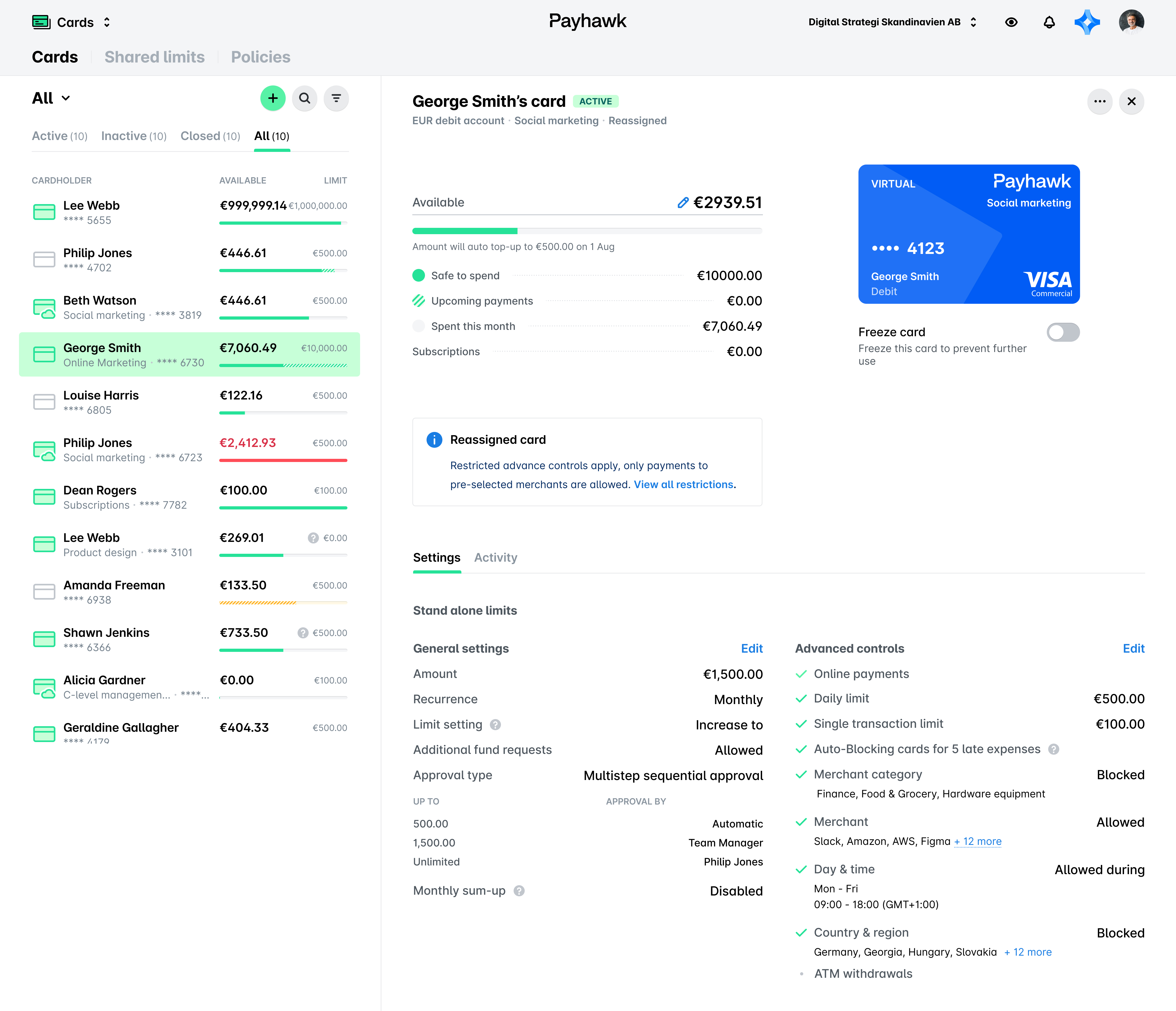 Overview of George Smith's Payhawk card details, including limits and settings.