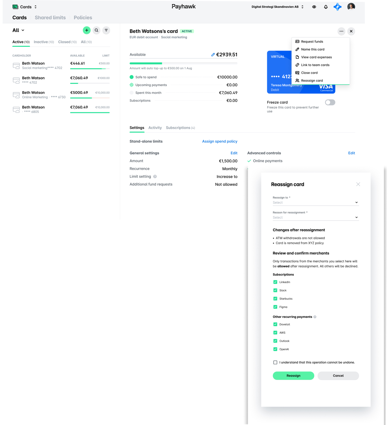 Overview of Beth Watson's card details and reassignment options in Payhawk interface.