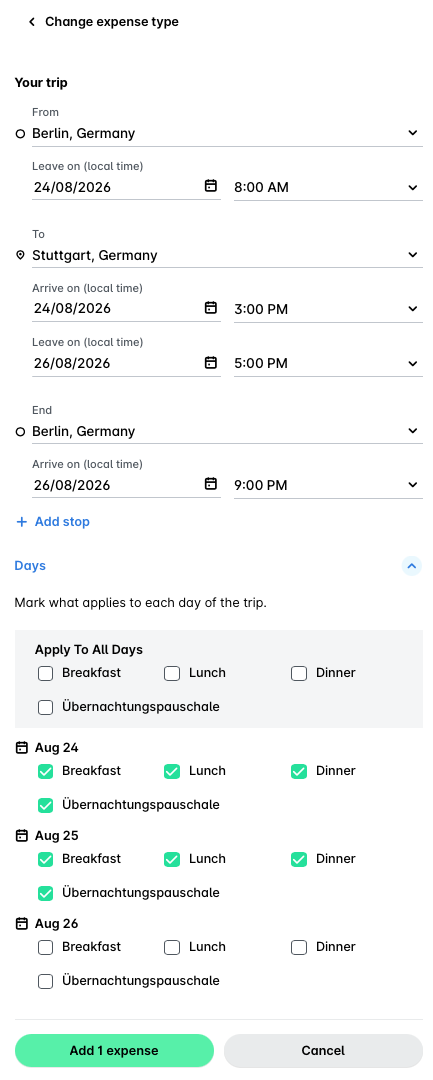 Itinéraire de voyage indiquant les détails du déplacement de Berlin à Stuttgart avec les options de repas.