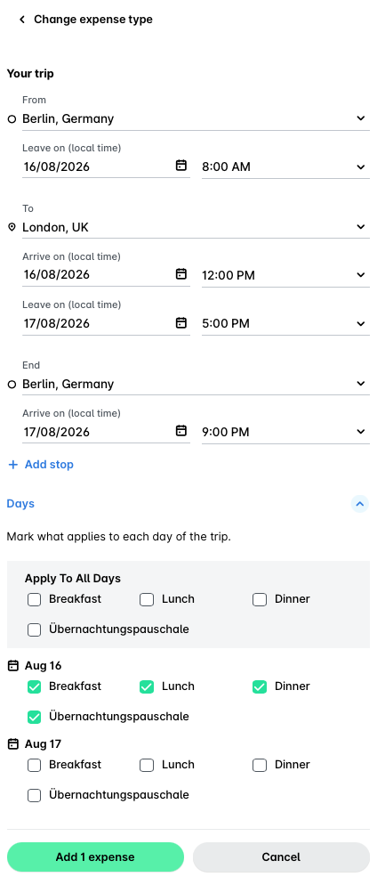 Itinéraire de voyage de Berlin à Londres avec les options de repas pour chaque journée.