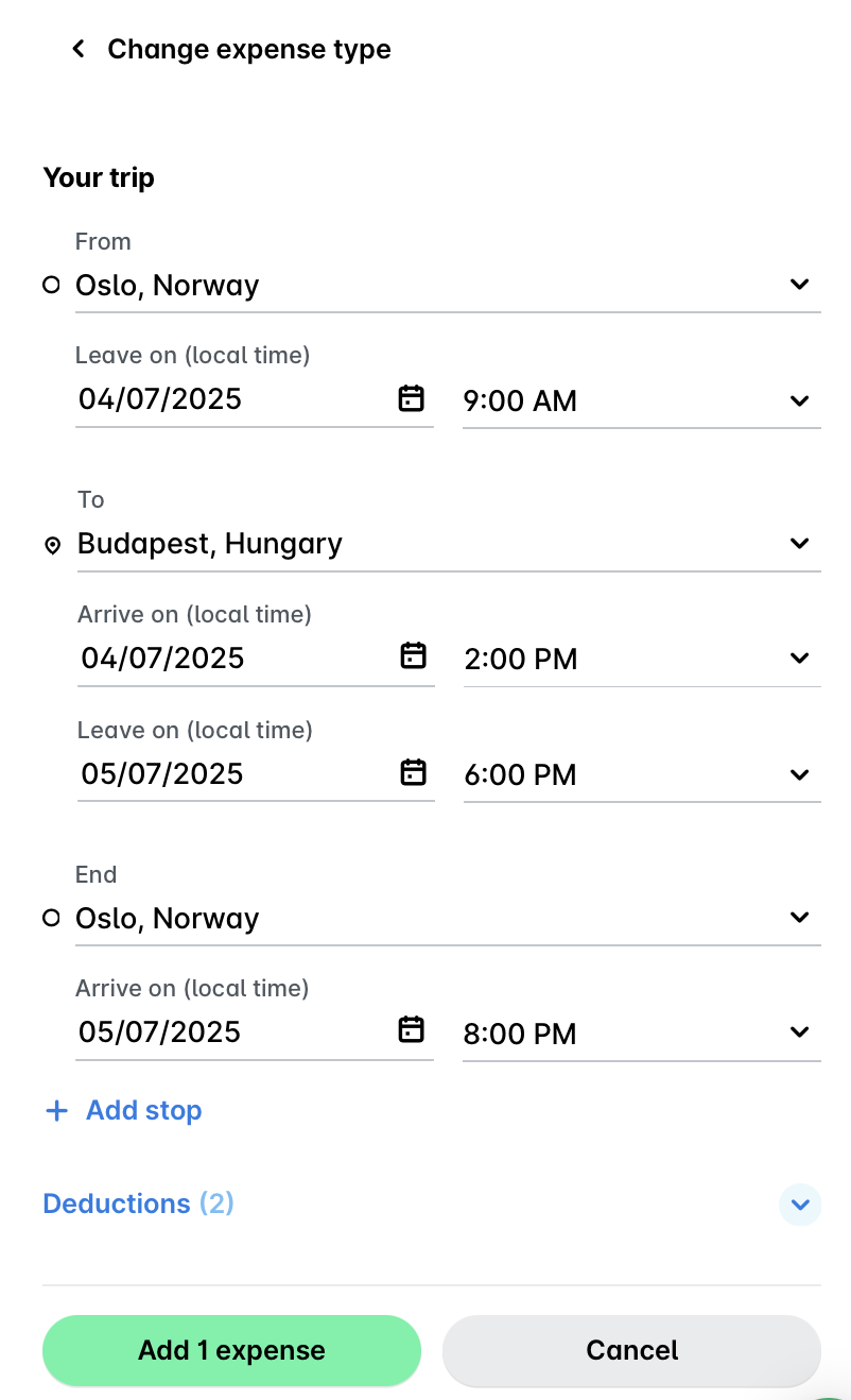 Trip details from Oslo to Budapest with departure and arrival times listed.