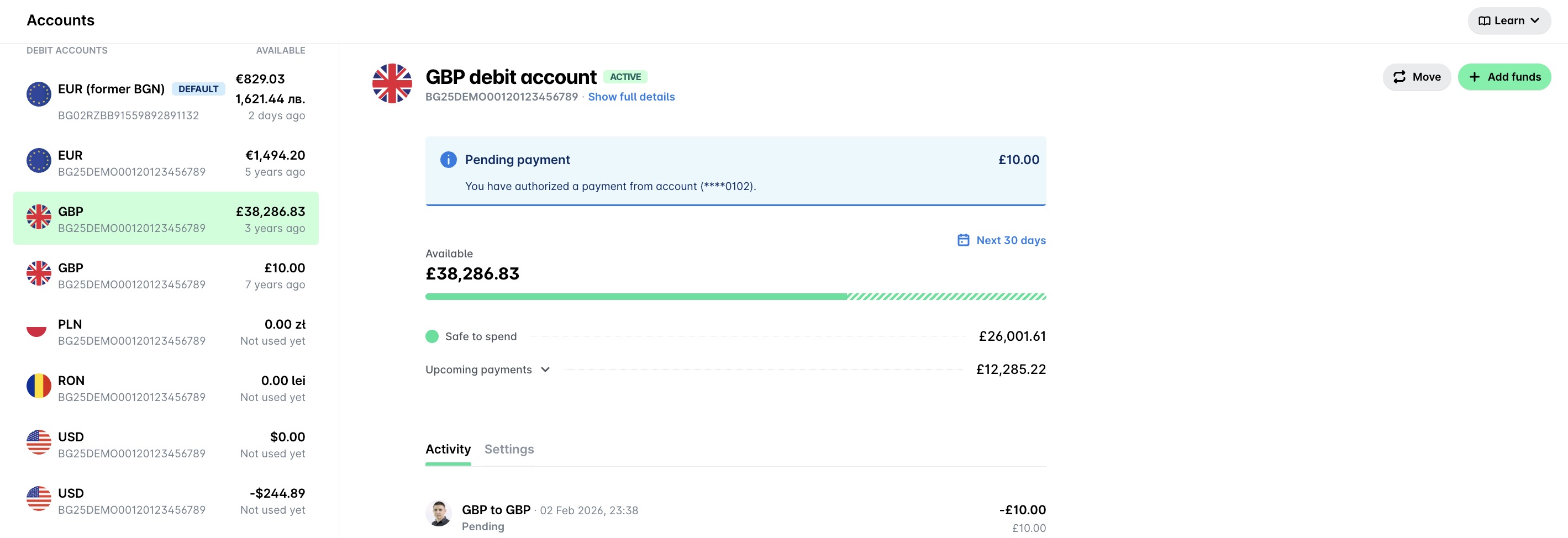 Overview of various debit accounts with available balances and pending payments.