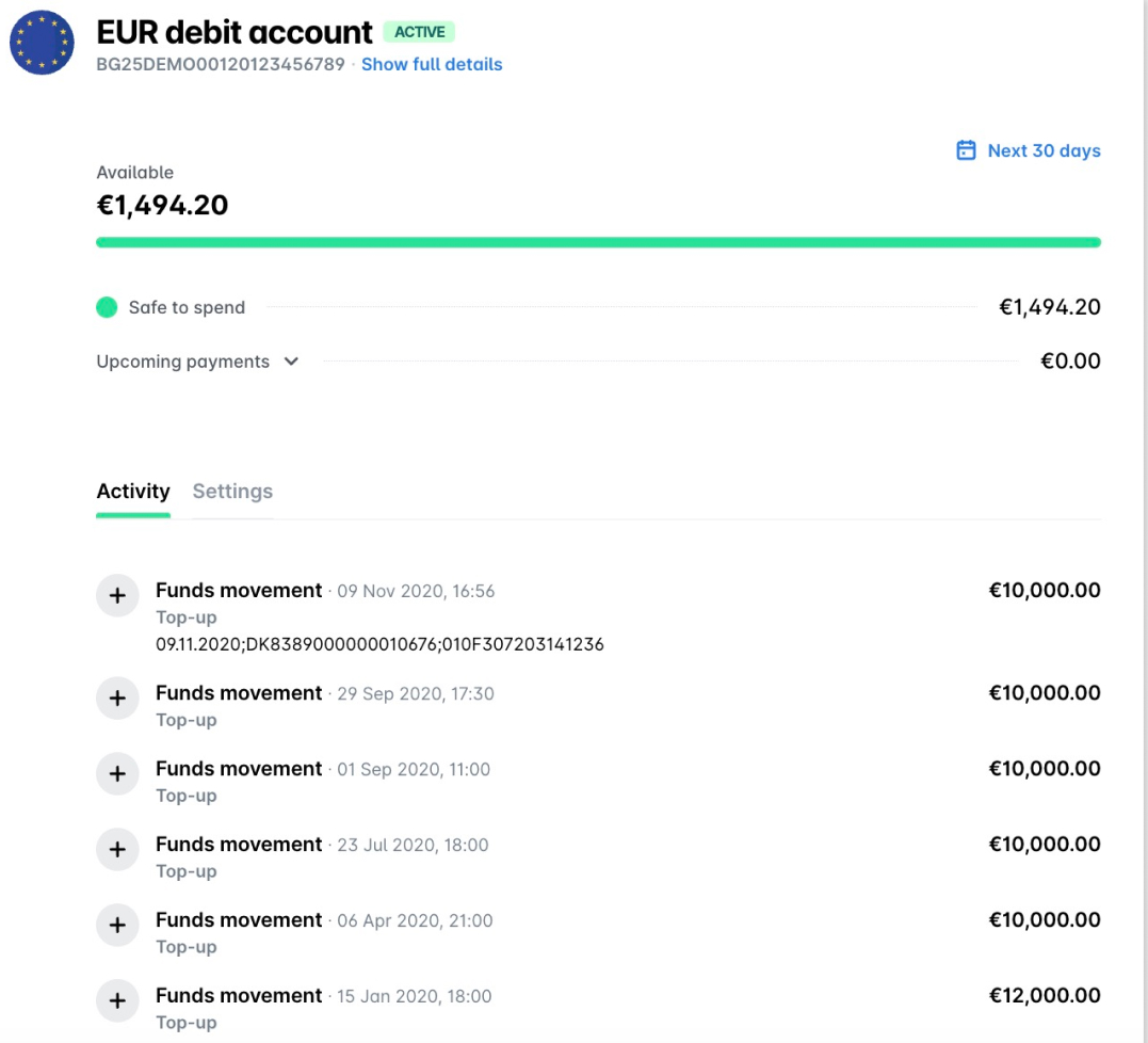 Overview of EUR debit account balance and recent funds movement activity.
