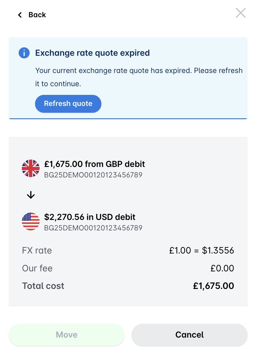 Melding van verlopen wisselkoersofferte met details over GBP- en USD-bedragen.