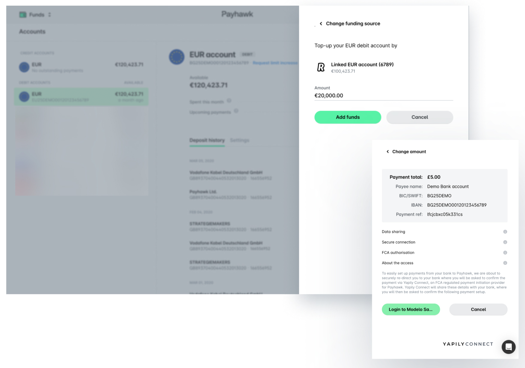 Payhawk interface showing account balance and funding options for EUR account.