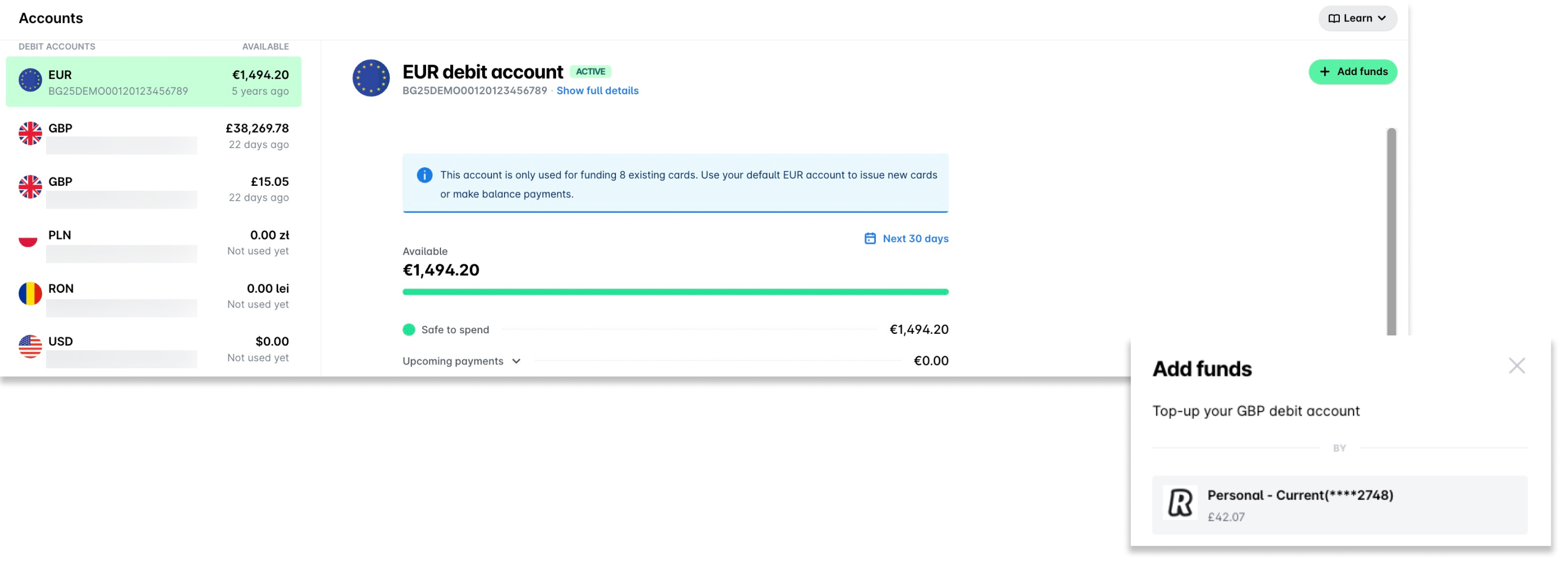 Overview of debit accounts showing available balances and funding options for cards.