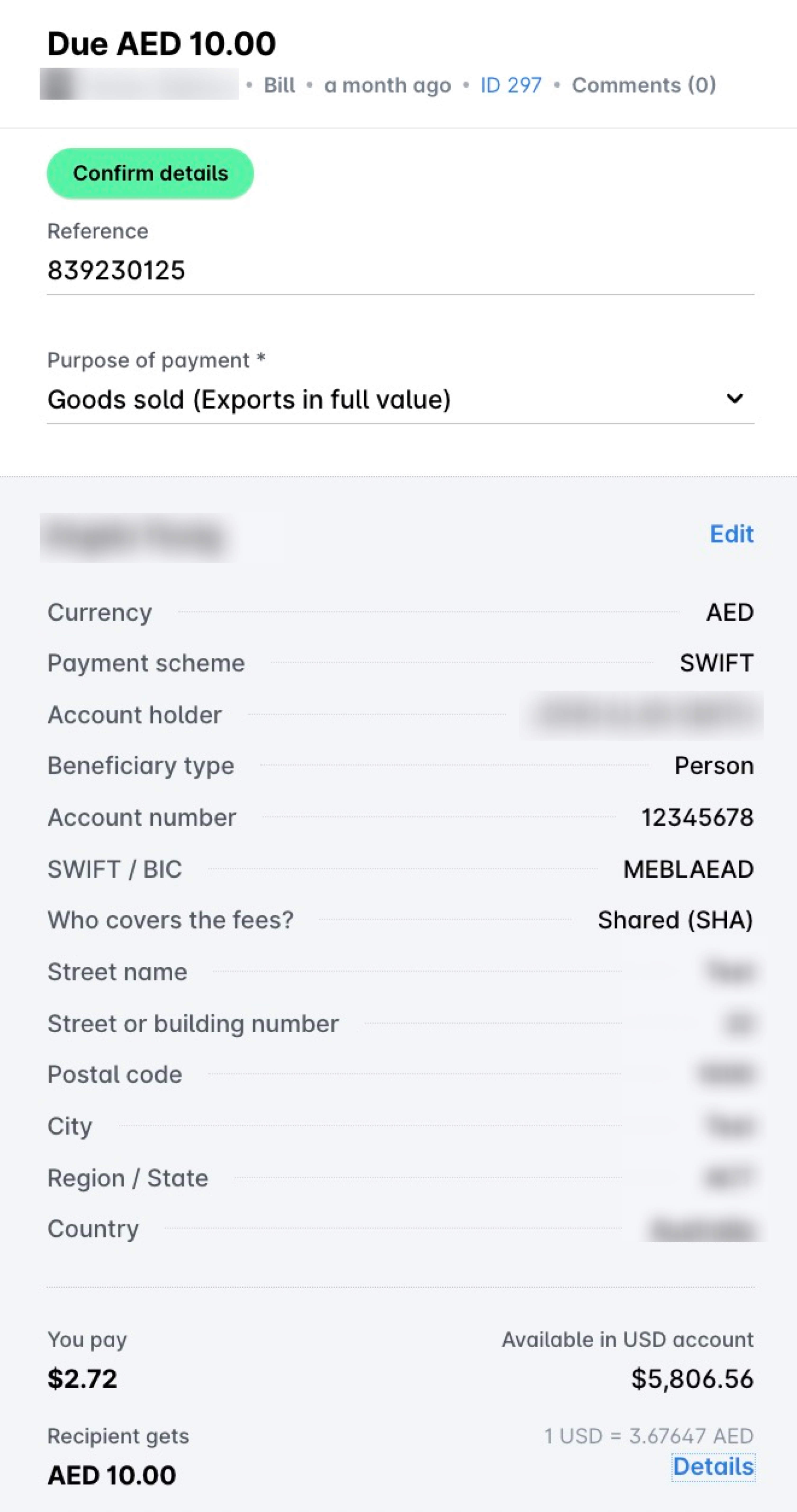 Payment details showing due amount, reference number, and transaction information.