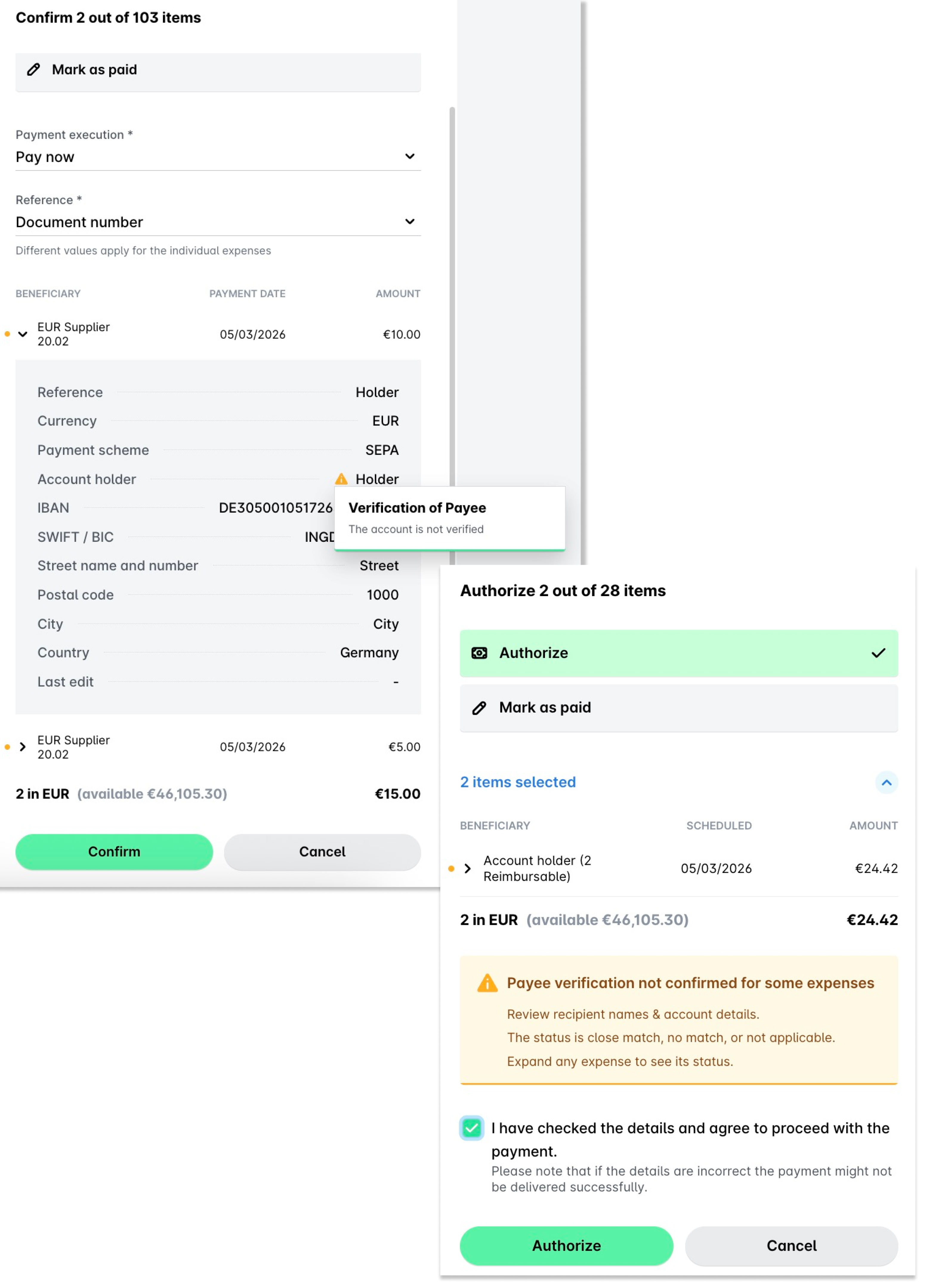 Payment confirmation screen showing verification issues for account holder details.