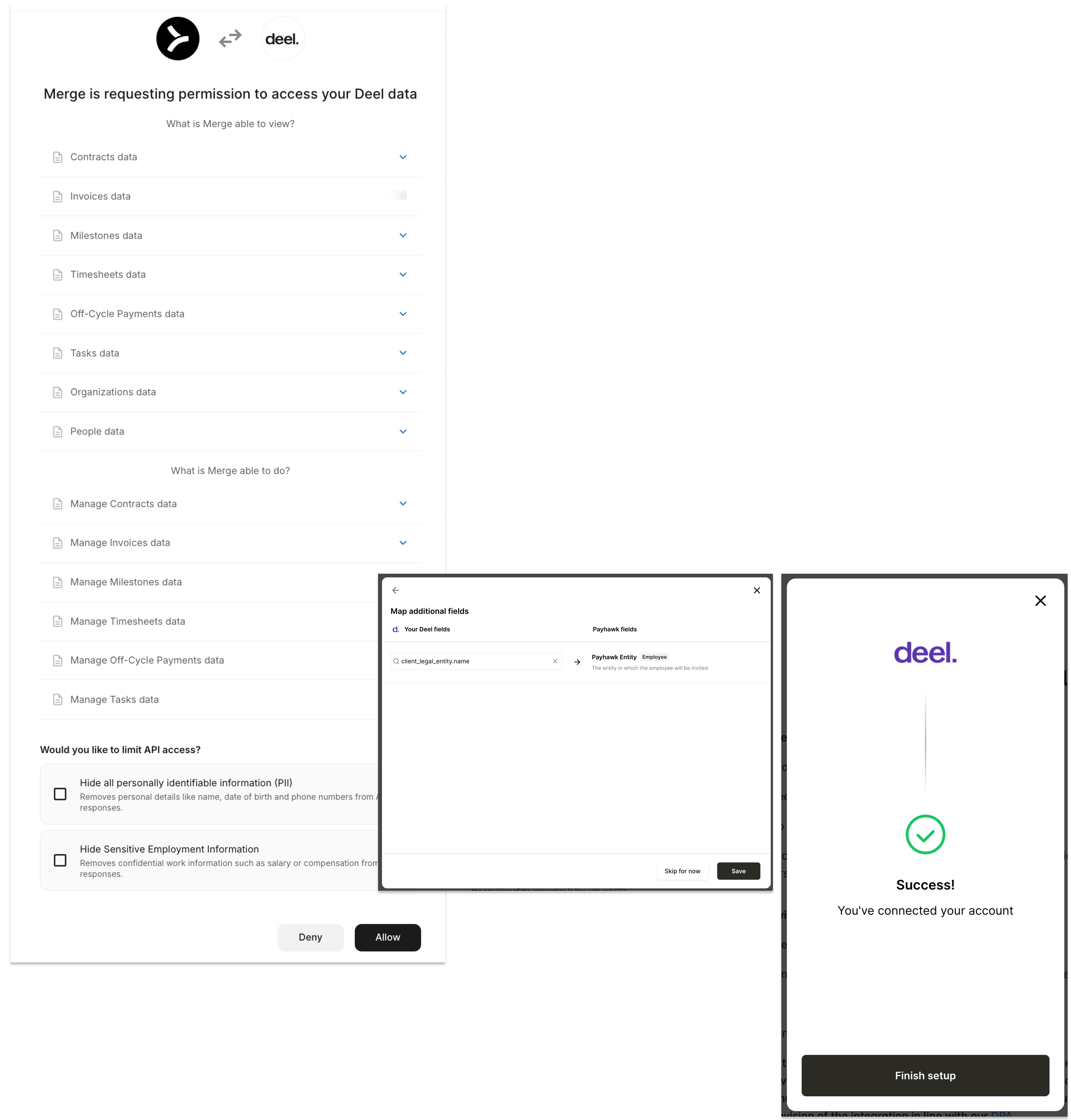 Berechtigungsanfrage für den Zugriff auf Deel-Daten mit Auflistung verschiedener Datenkategorien.