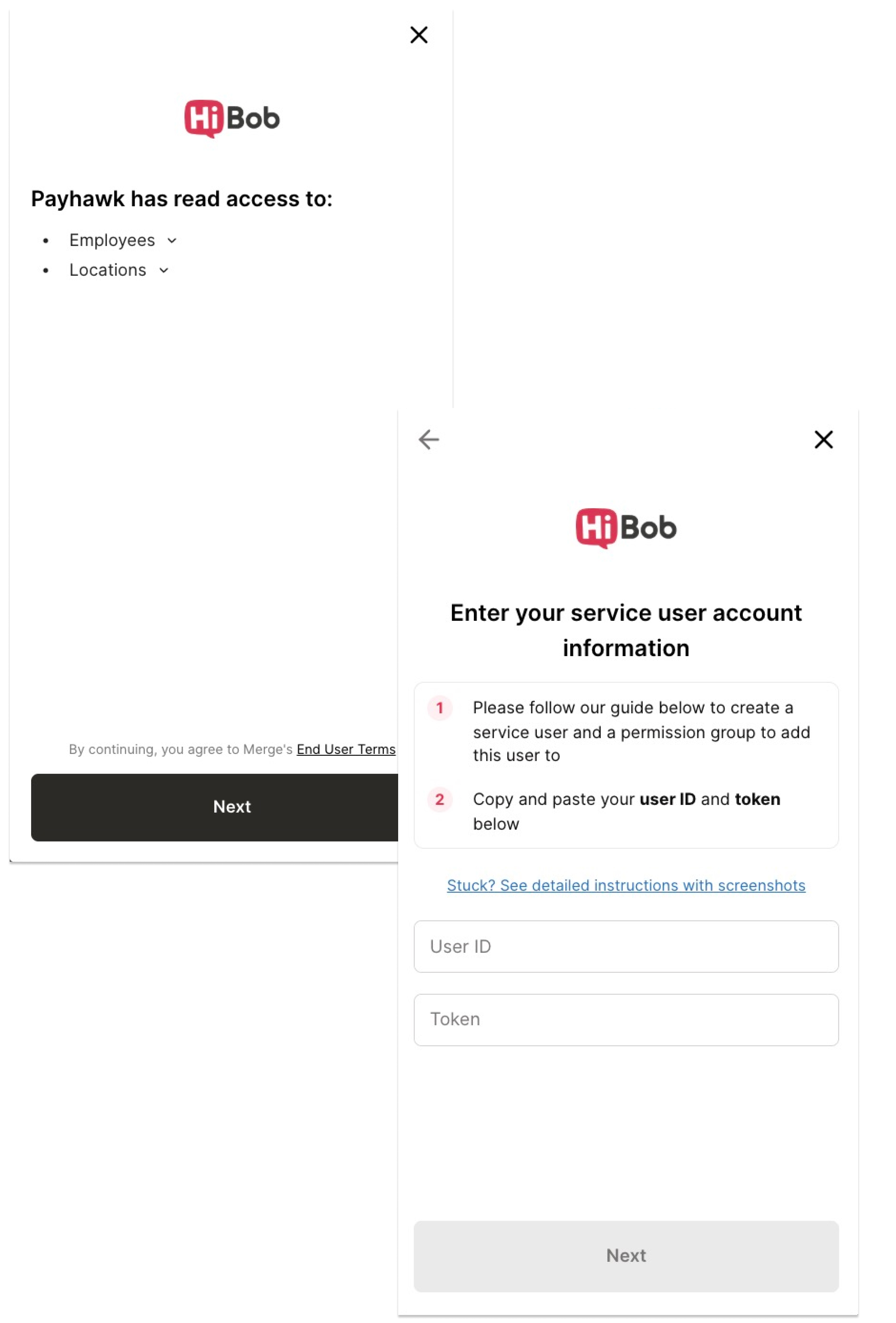 Interface HiBob affichant l’exigence du rôle administrateur et les détails d’accès Payhawk pour l’intégration
