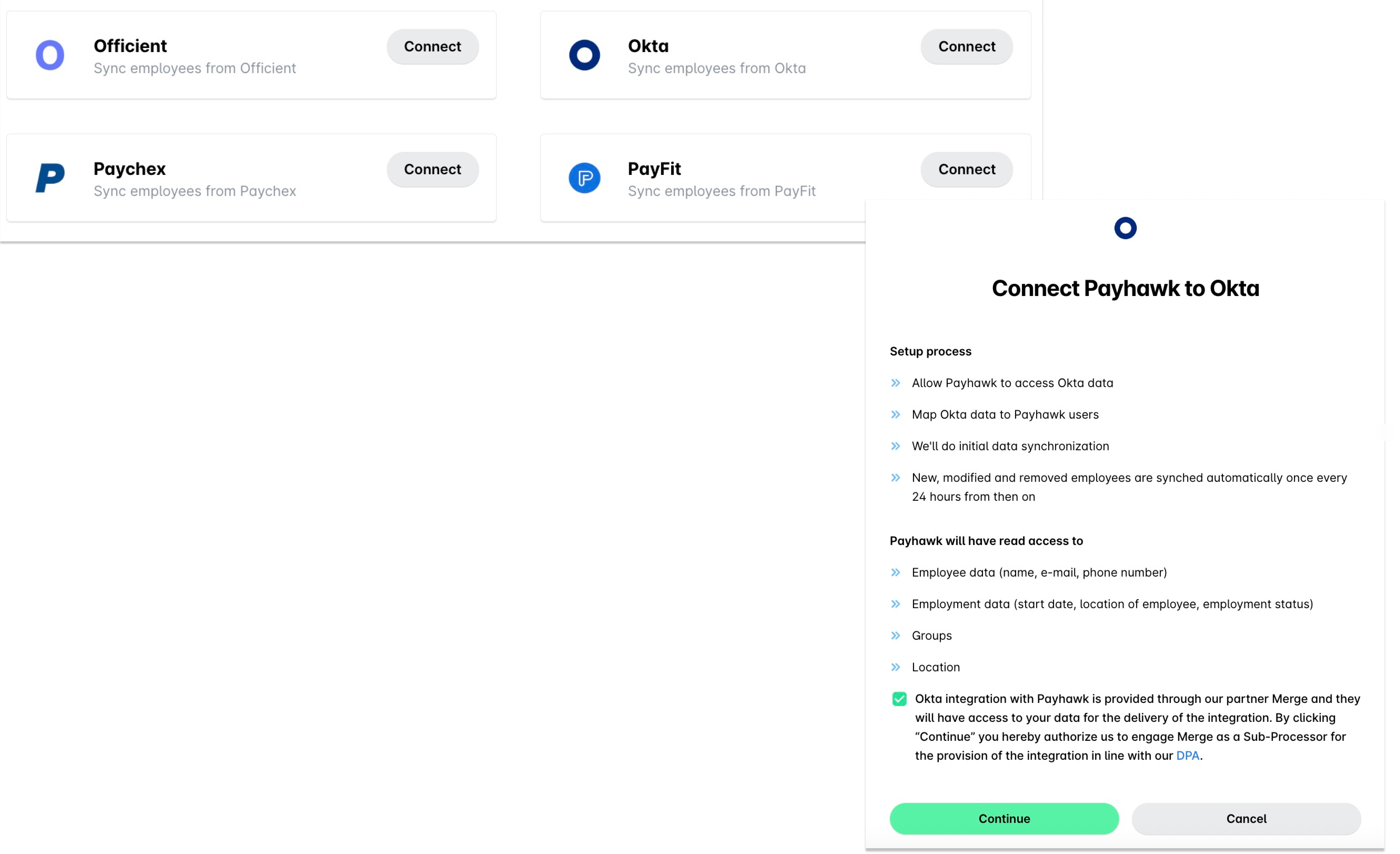 Connecter Payhawk à Okta avec les instructions de configuration et les autorisations d’accès répertoriées