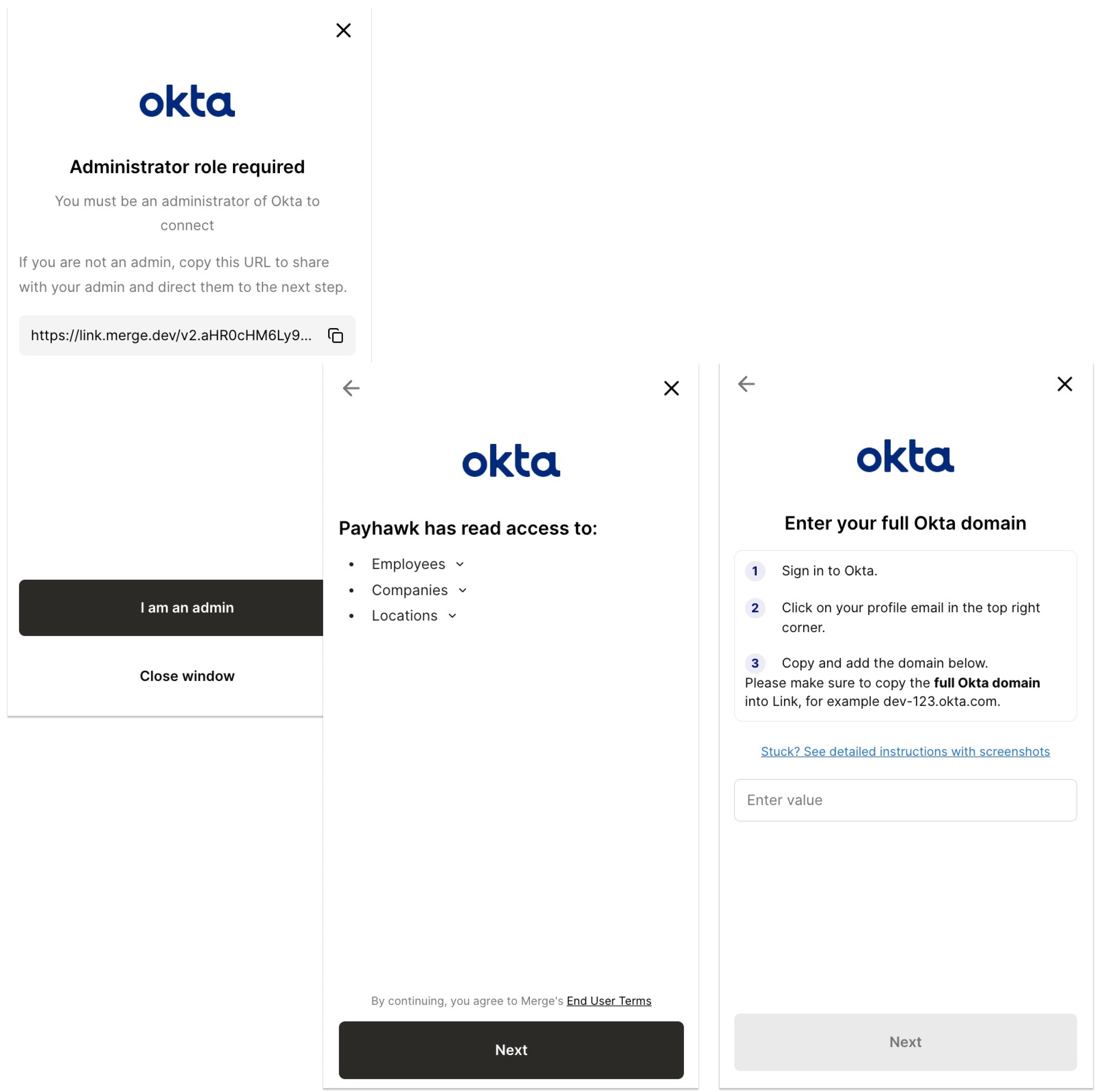 Interface Okta affichant l’exigence du rôle administrateur et les détails d’accès Payhawk pour l’intégration
