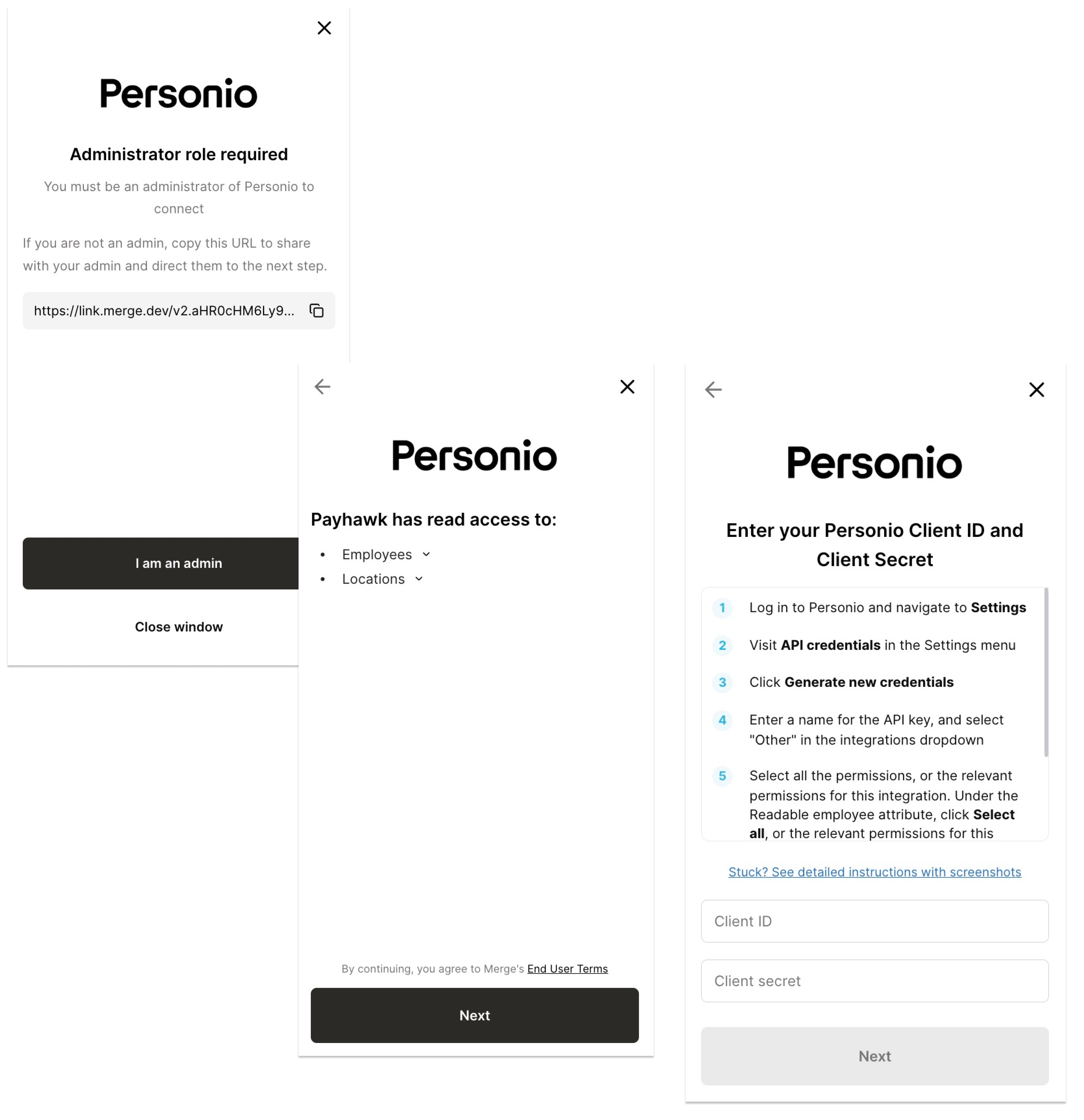 Interface Personio affichant l’exigence du rôle administrateur et les détails d’accès Payhawk pour l’intégration