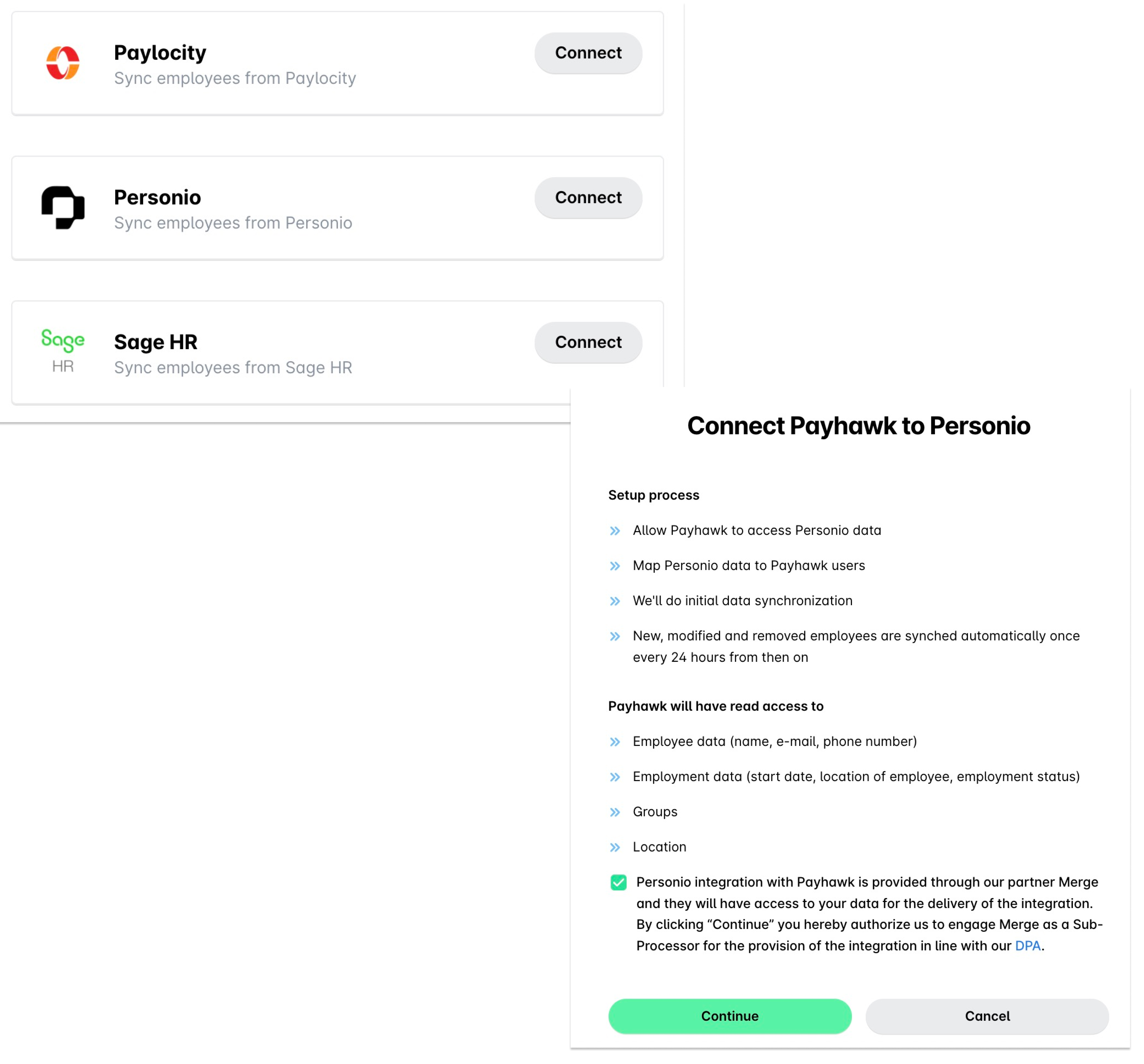 Connecter Payhawk à Personio avec les instructions de configuration et les autorisations d’accès répertoriées