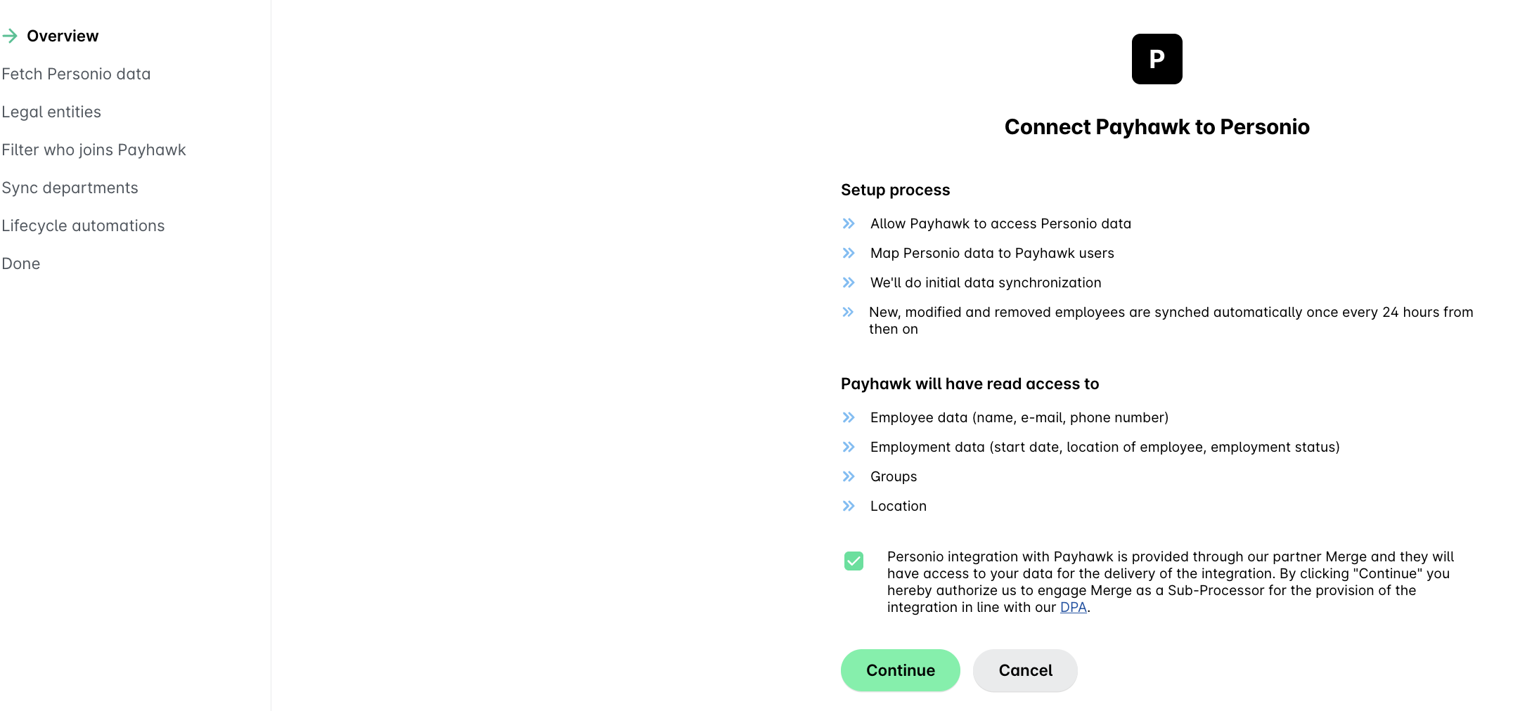 Instructions for connecting Payhawk to Personio, detailing setup and data access.