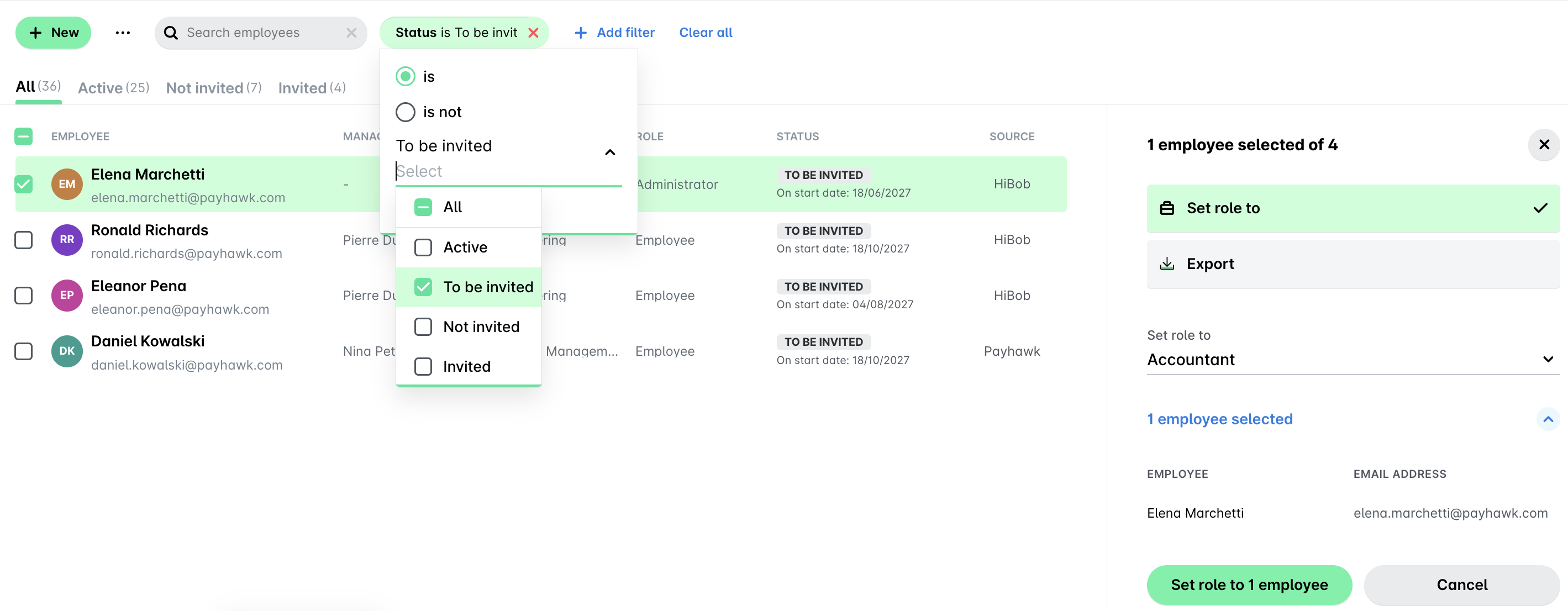 Employee selection interface showing invitation status and role assignment options.