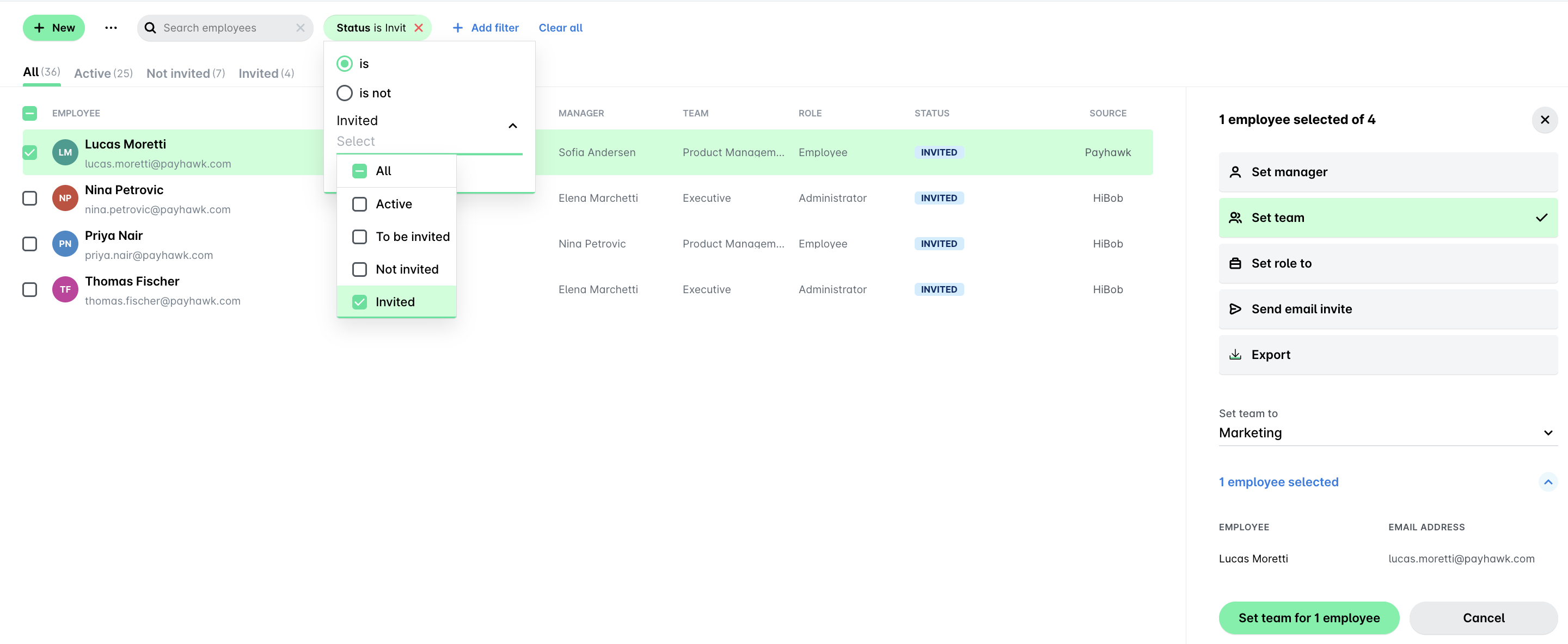 Employee management interface showing invited employees and options for team settings.