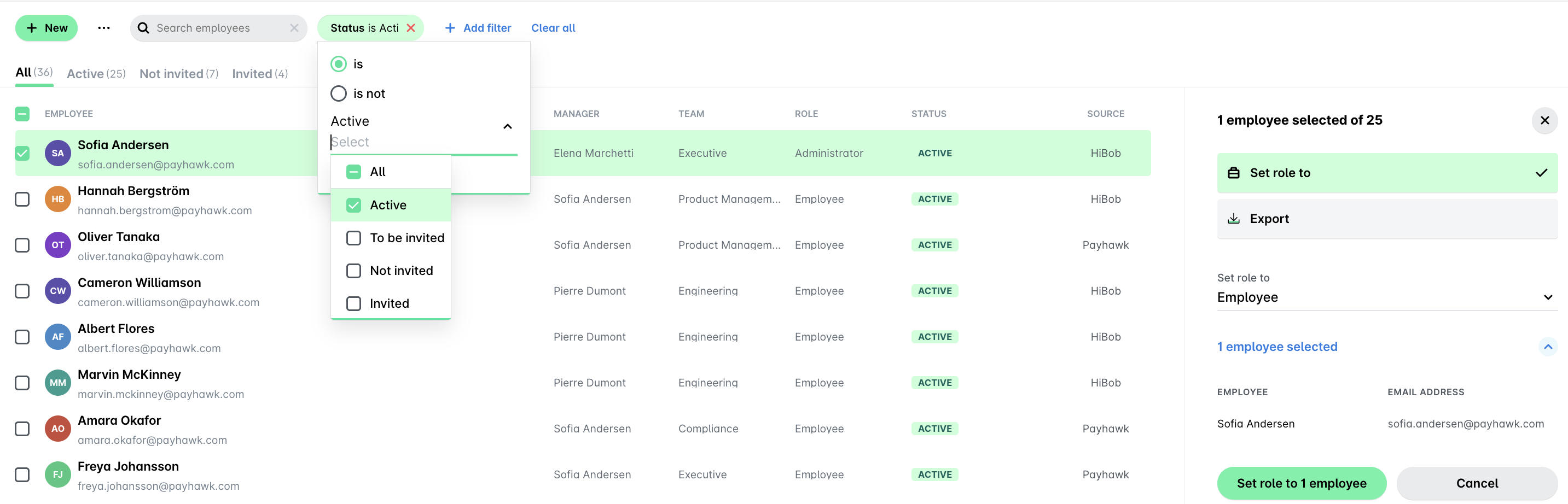 Employee management interface displaying active employees and selection options for roles.