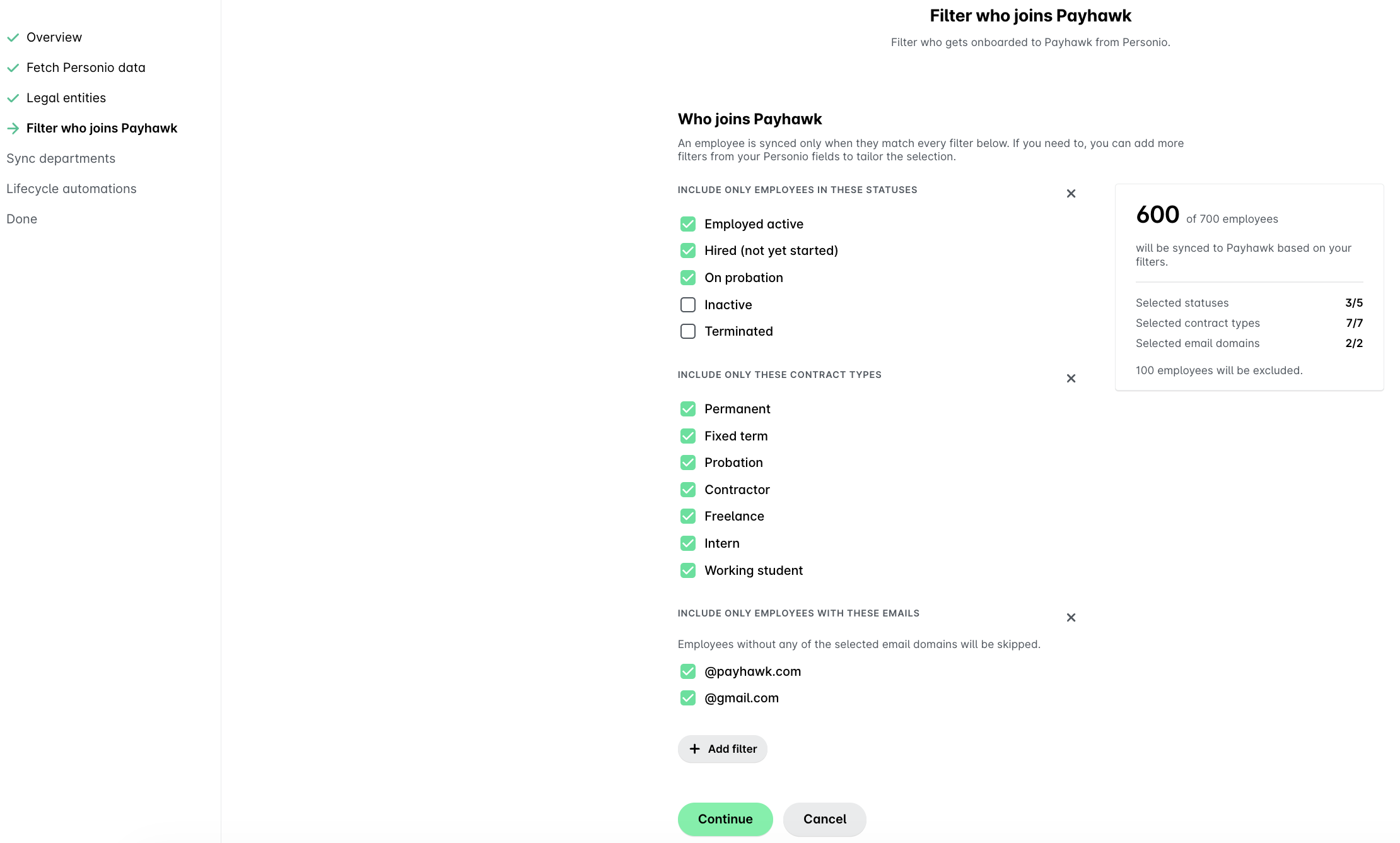 Settings for filtering employees who join Payhawk from Personio, including statuses and contract types.