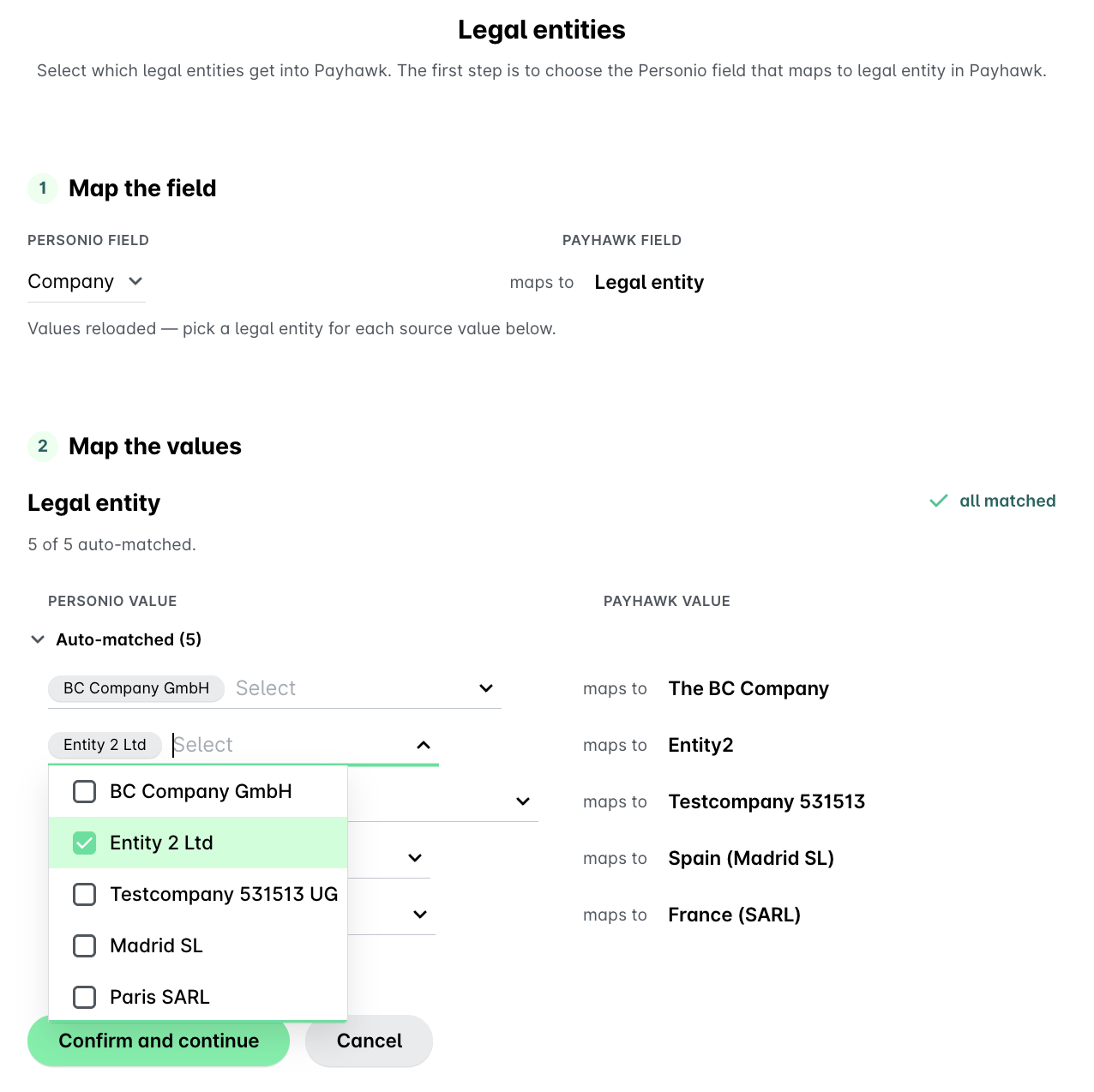 Mapping legal entities in Payhawk with selected company values for integration.