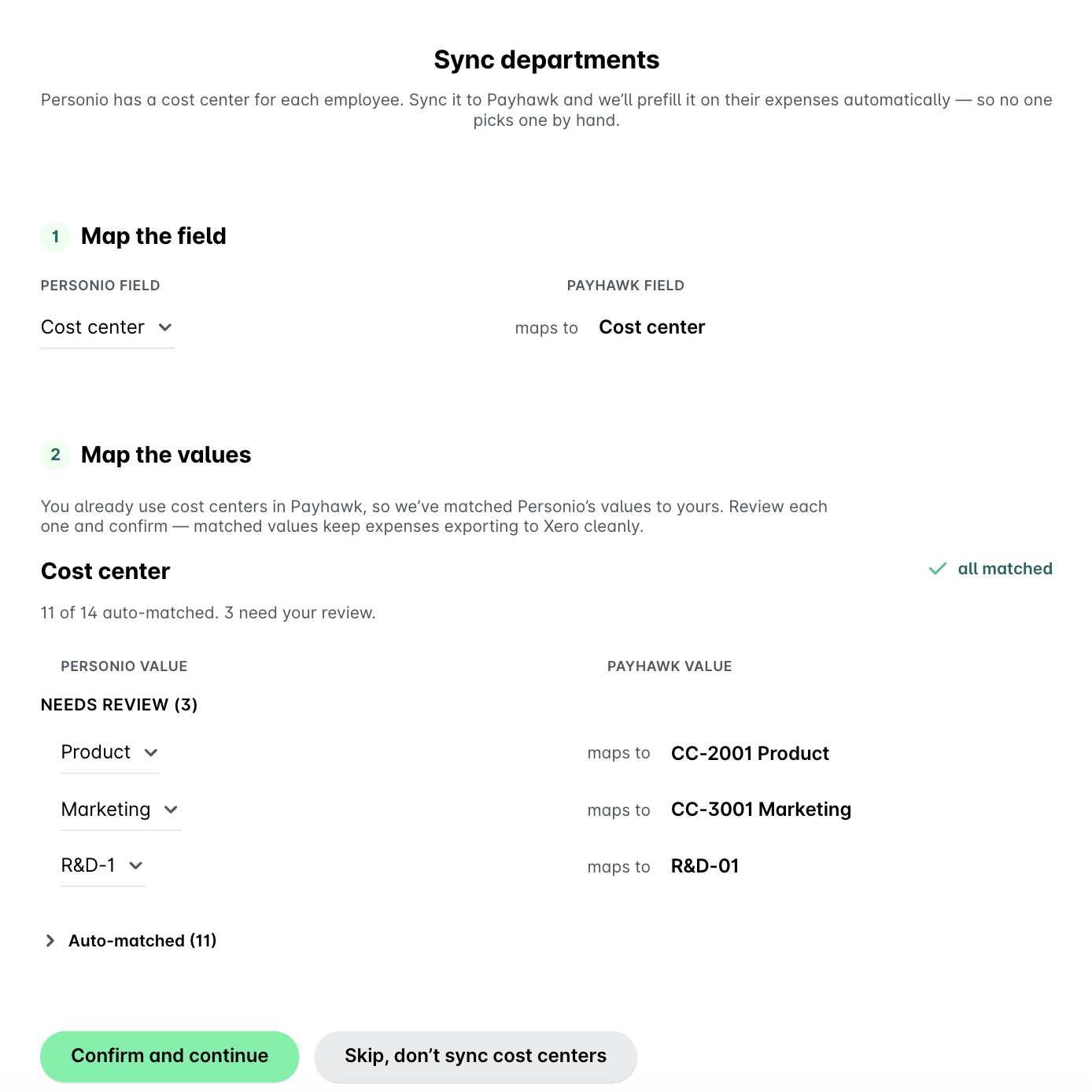 Syncing cost centers between Personio and Payhawk for expense management.