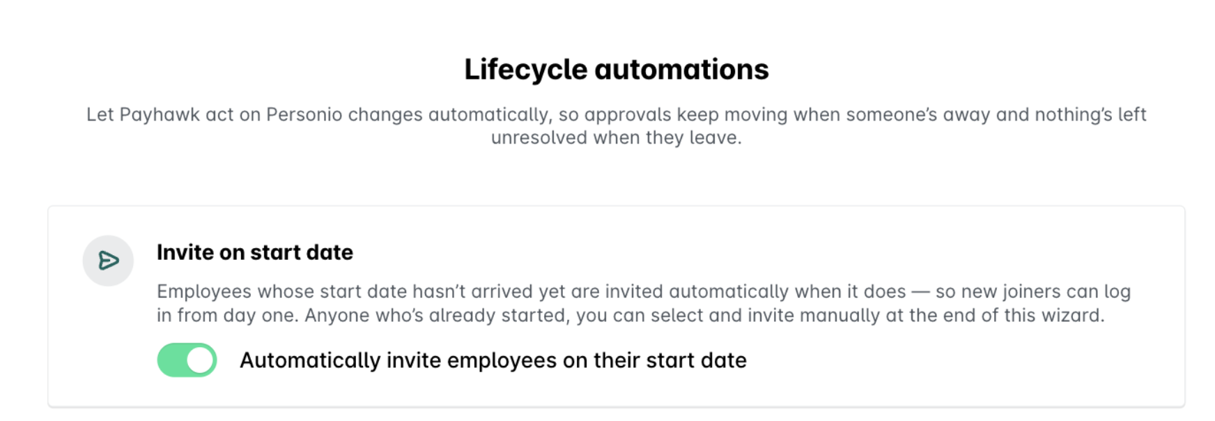 Lifecycle automation feature for inviting employees on their start date in Payhawk.