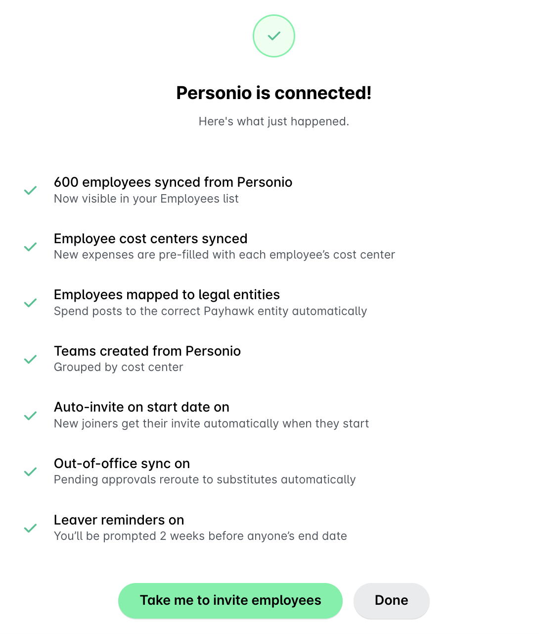 Personio successfully synced 600 employees and updated various settings for management.