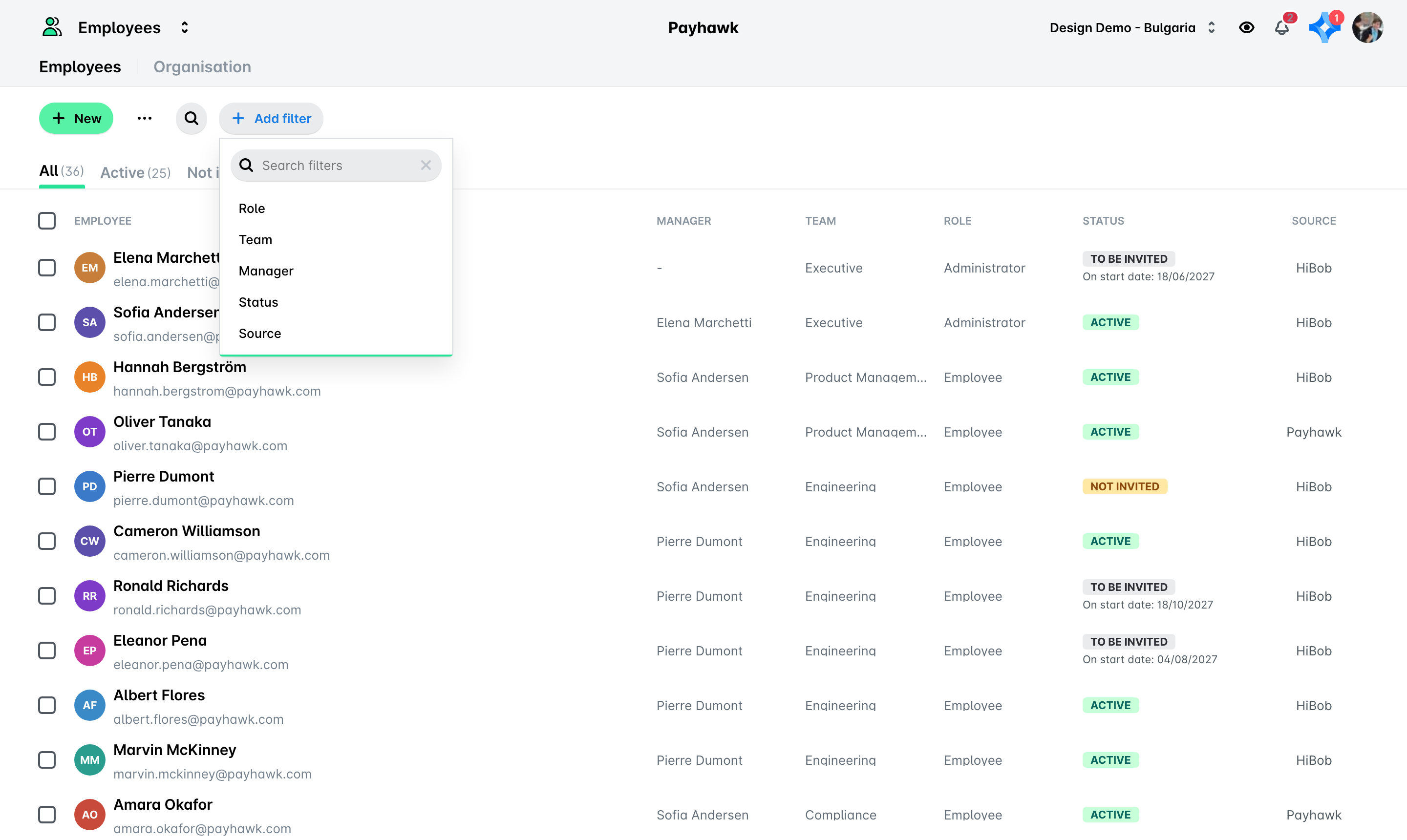 Employee management interface displaying roles, statuses, and filter options for team members.