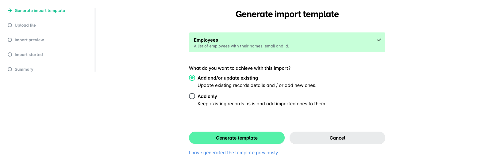 Generate import template step of the Payhawk employee import wizard with the Add and/or update existing and Add only options