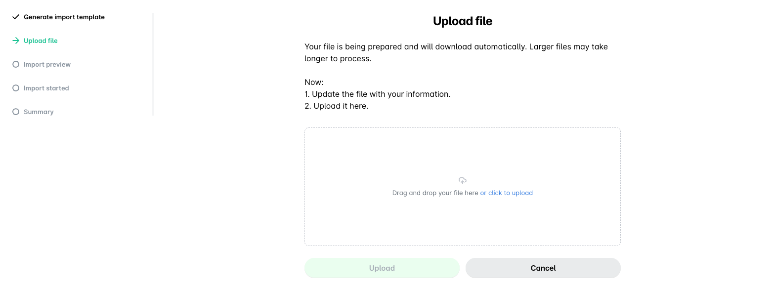 Upload file step of the Payhawk employee import wizard