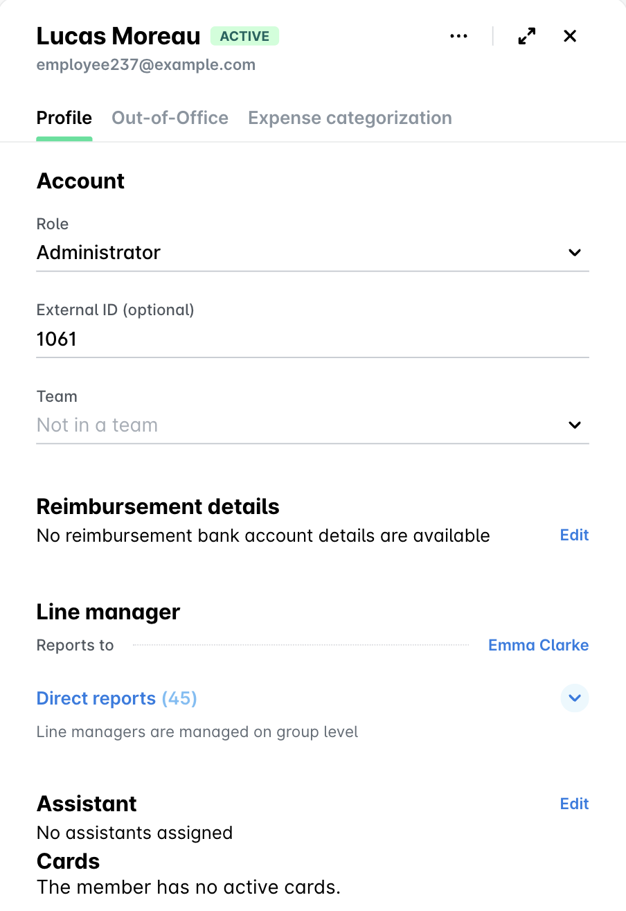 Entity-level employee profile in Payhawk showing that line managers are managed on group level
