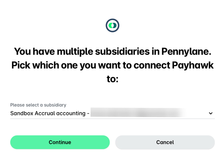 Wählen Sie eine Tochtergesellschaft in Pennylane aus, um sie für Buchhaltungszwecke mit Payhawk zu verbinden.