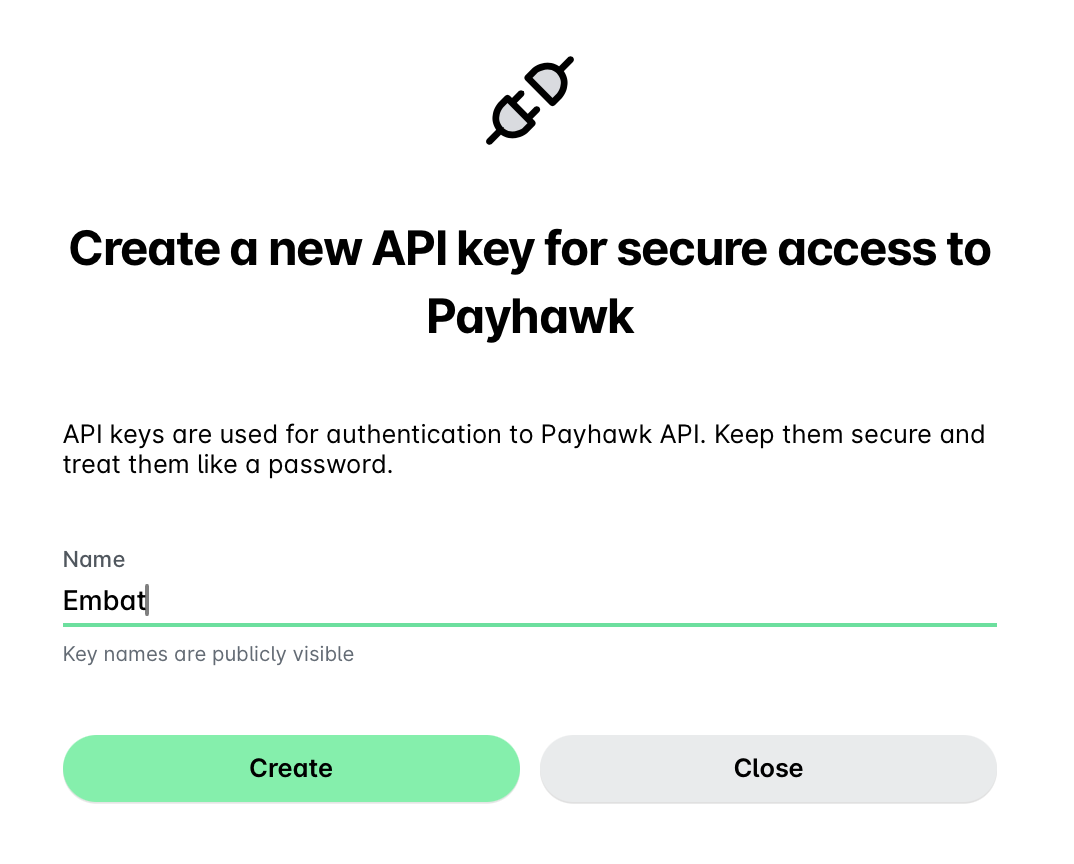 Form to create a new API key for Payhawk with a name field.